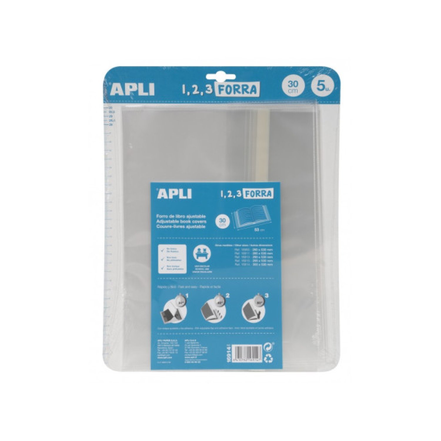 APLI · Forro de Libros con Solapa Ajustable · PP 300mm · Pack 5 Unidades