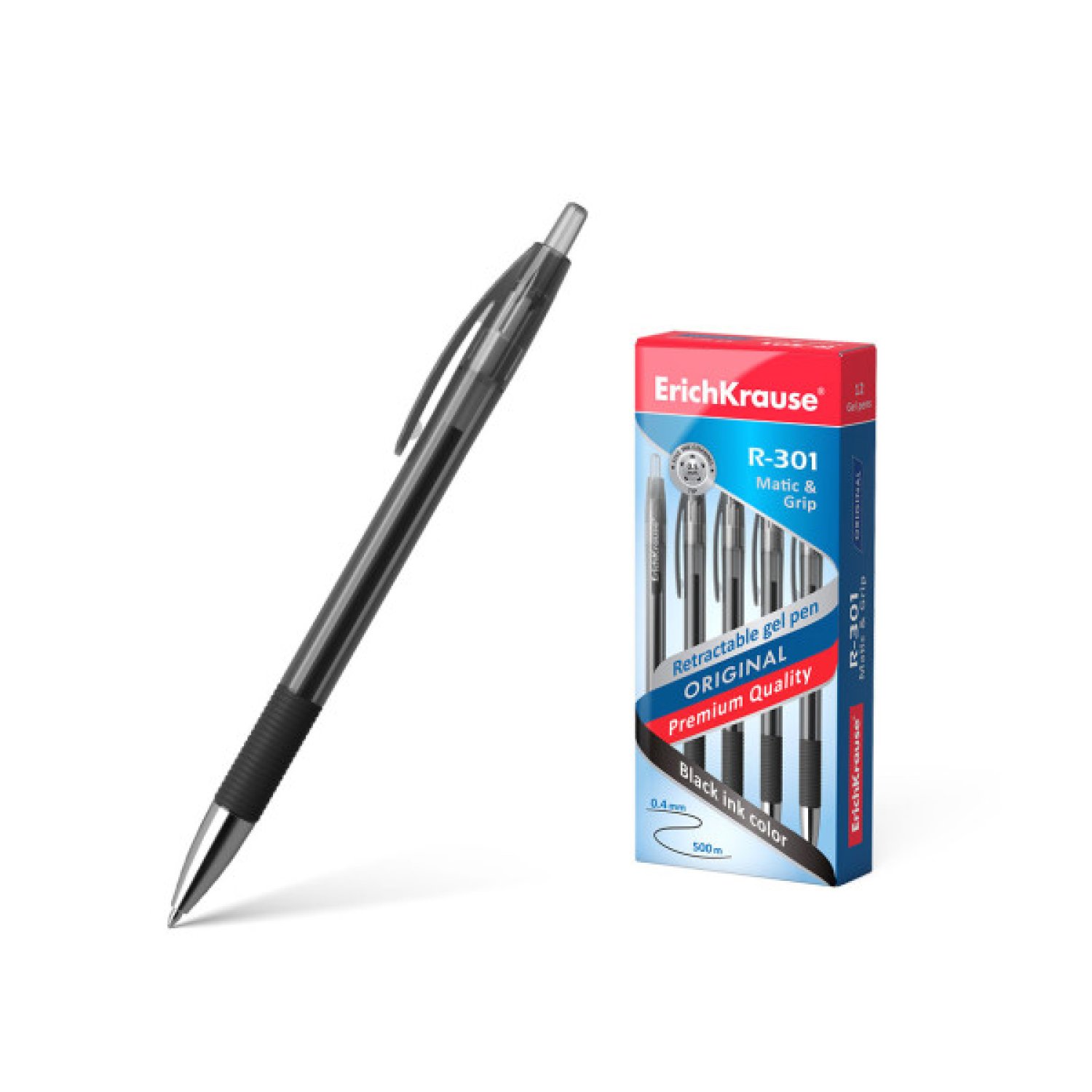 Erich Krause R-301 · Bolígrafo de Gel Automático · Tinta Negra · Grip Ergonómico