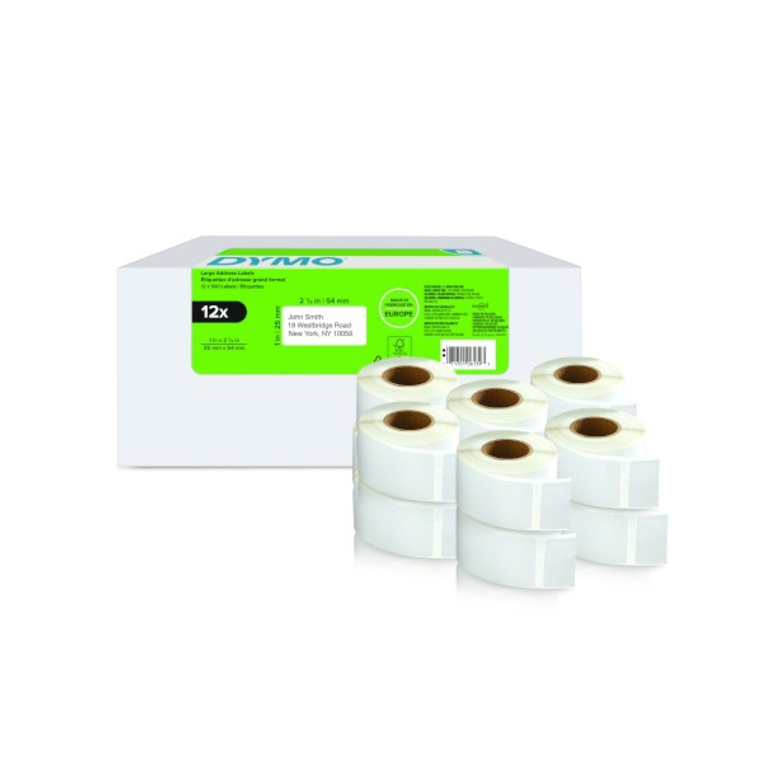 Dymo · Pack 12 Rollos Etiquetas · 25x54mm · Adhesivas para Impresora