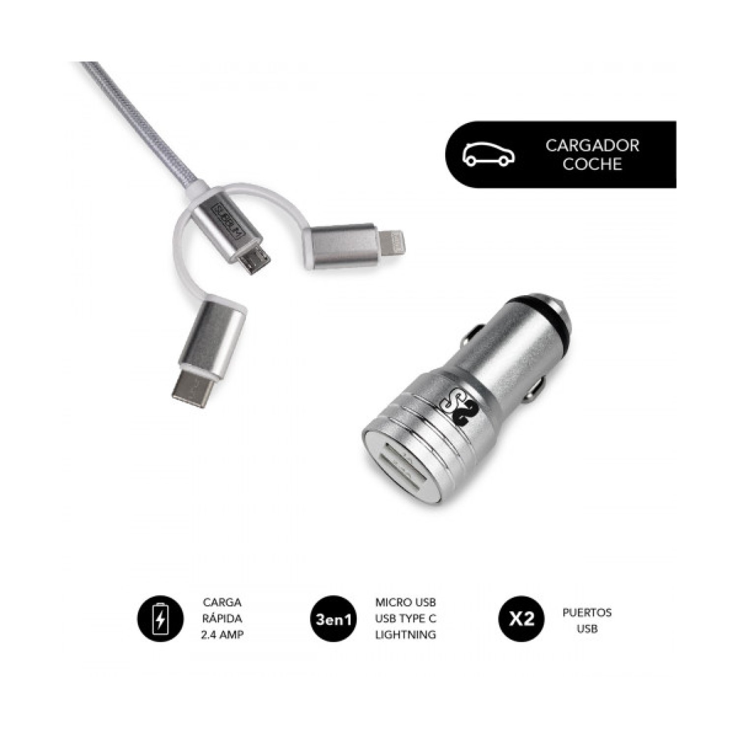 Subblim · Cargador Coche Dual USB · 2.4A · Cable 3 en 1 · Aluminio Silver