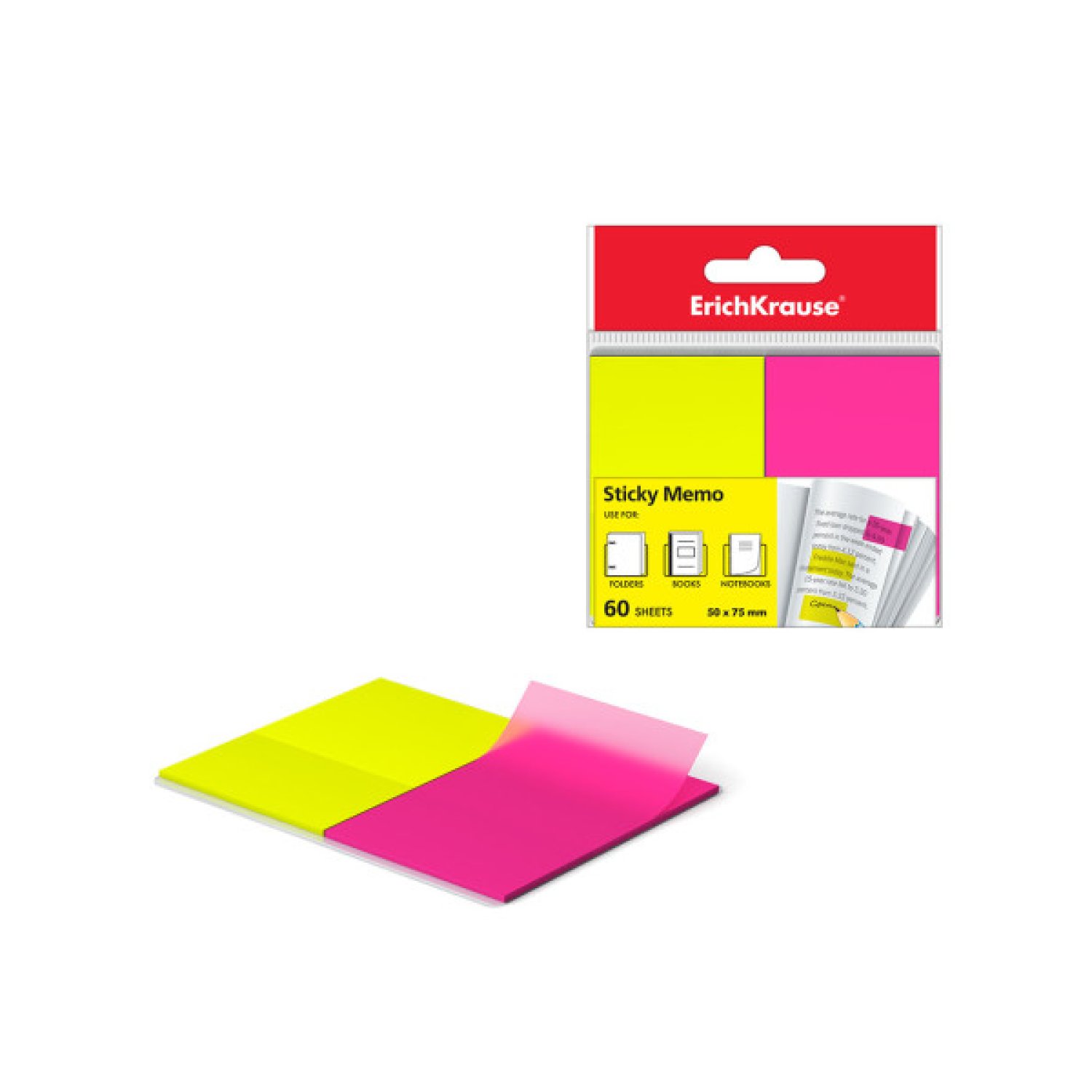 Erich Krause · Marcapáginas Neón · 60 Unidades · 50x75mm · Amarillo/Rosa