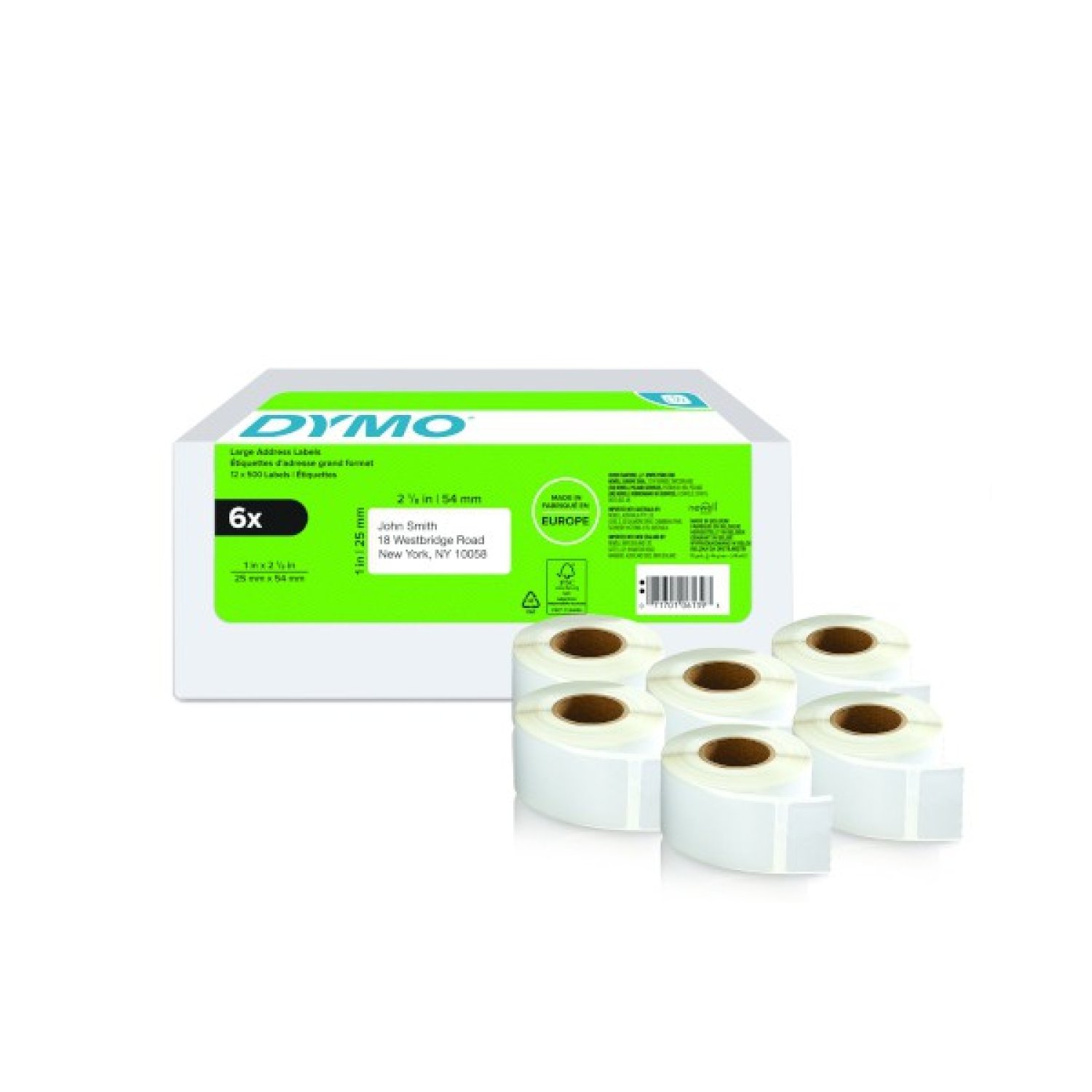 Dymo · Pack 6 Rollos Etiquetas · 25x54mm · Compatibles LabelWriter