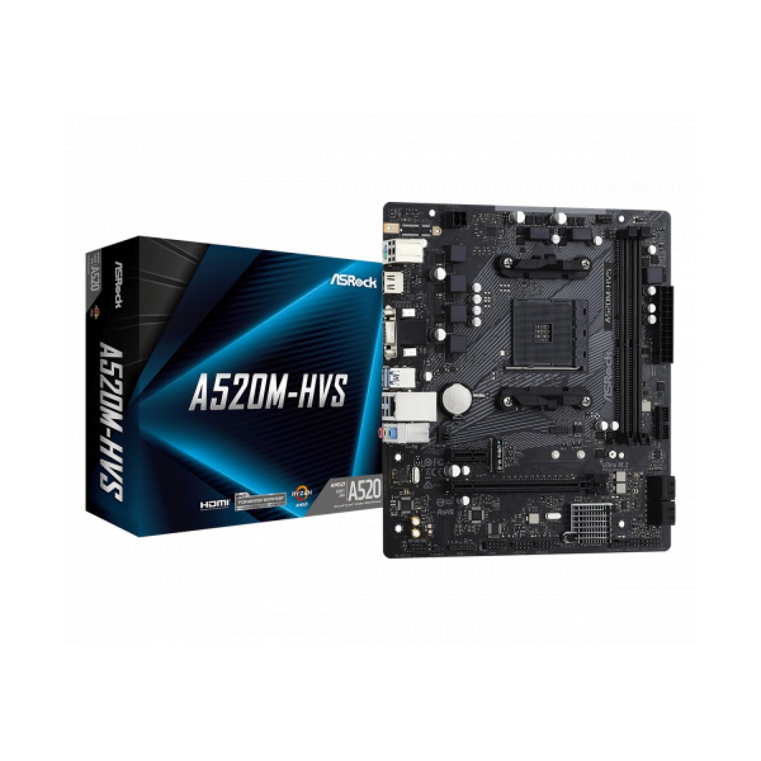 ASRock A520M-HVS · AM4 · AMD · 2DDR4 · 4SATA3 · 1M.2 · VGA+HDMI · mATX