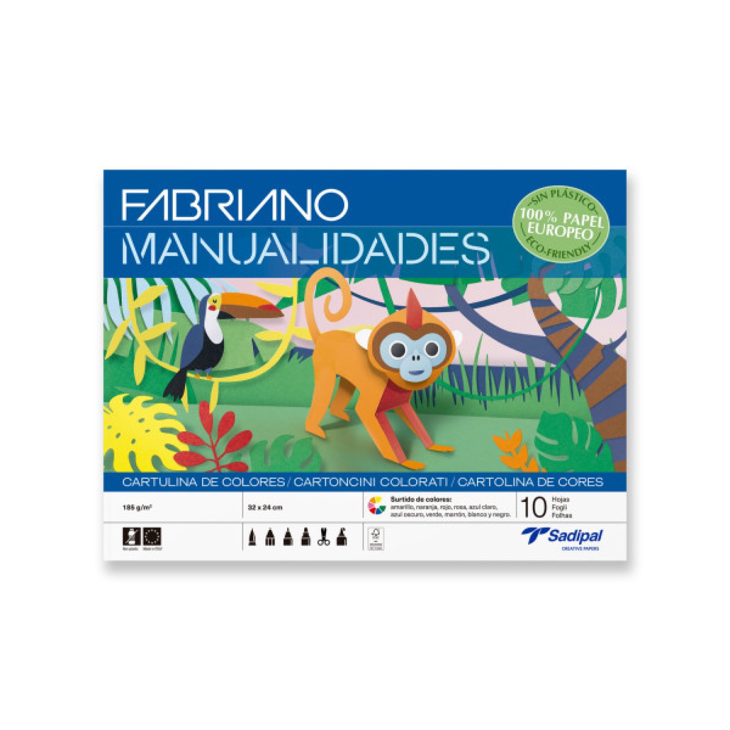 Fabriano · Bloc 10 Hojas Cartulinas · Manualidades · Colores Surtidos