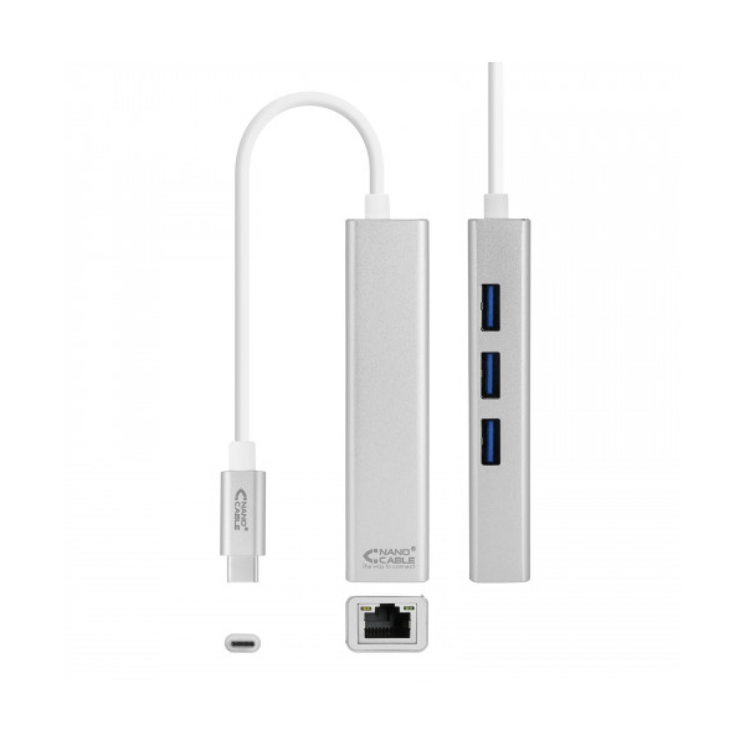 Nanocable · Conversor USB-C a Ethernet · Gigabit + 3xUSB 3.0 · 15cm · Plata