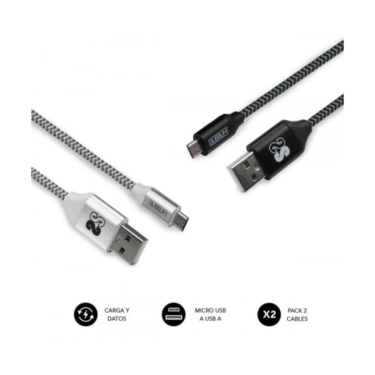 Subblim · Pack 2 Cables USB a Micro USB · 1M · 2,4A · Negro/Plata