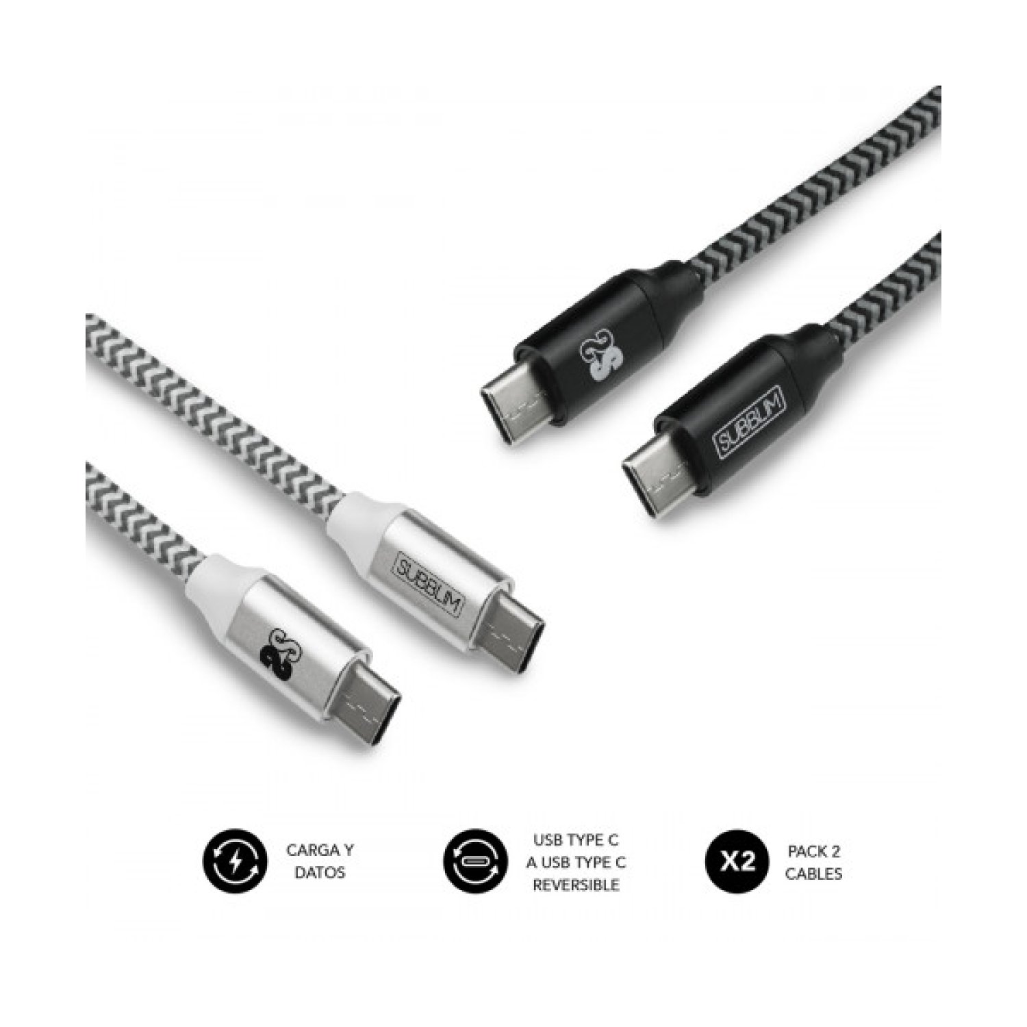 Subblim · Pack 2 Cables USB-C a USB-C · 1m · Negro/Plata