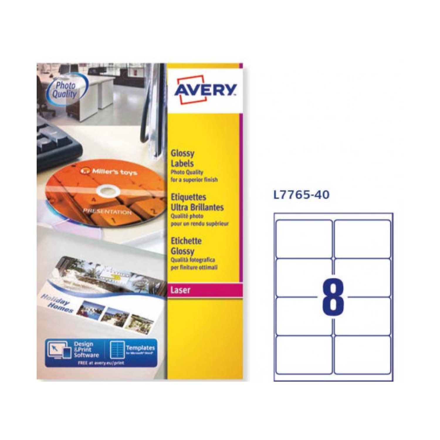 Avery L7765 · 320 Etiquetas Blancas Brillantes · 99,1x67,7mm · Caja 40 Hojas