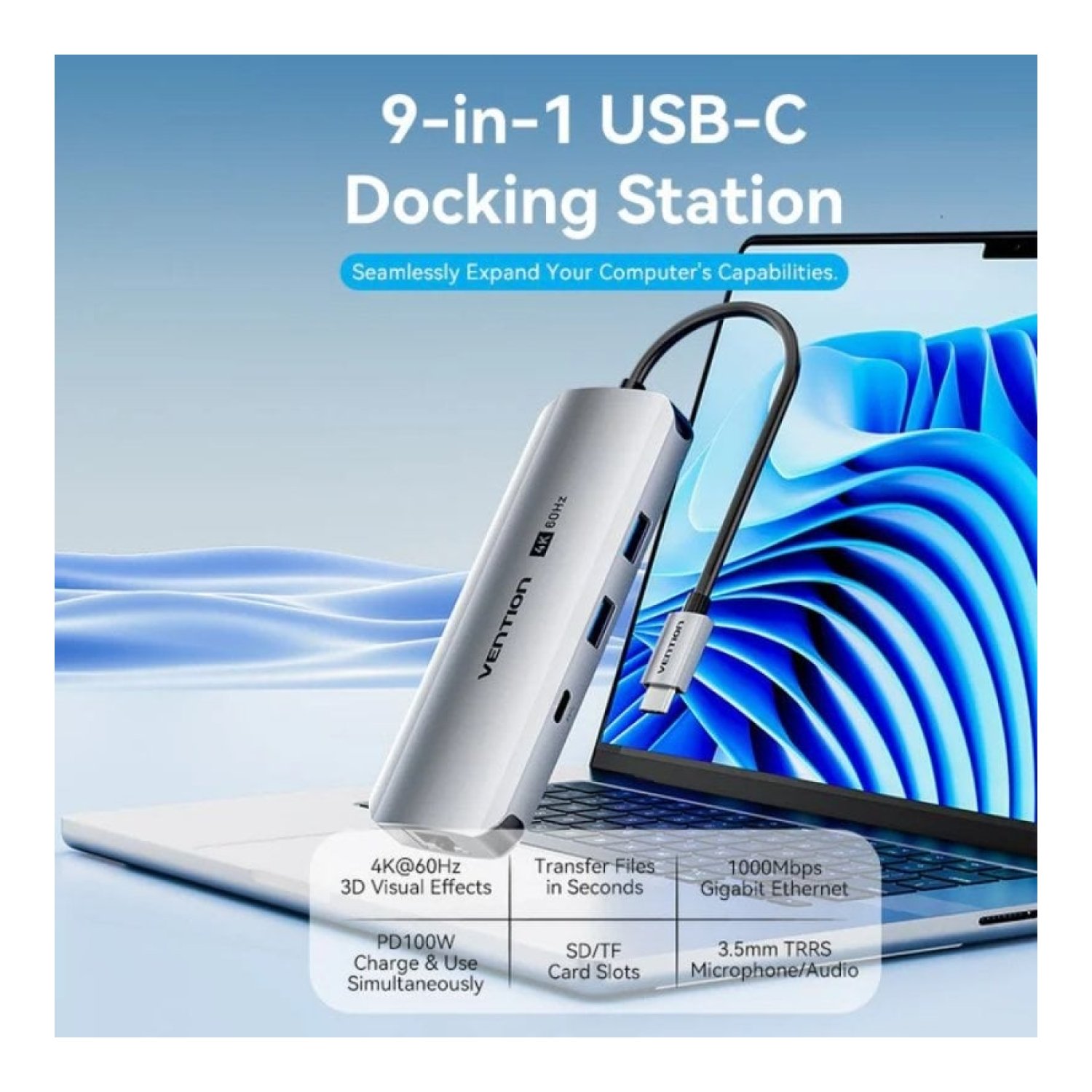 Docking USB Tipo-C Vention TQMHB/ 1xHDMI 4K/ 2xUSB/ 1xUSB Tipo-C/ 1xJack 3.5mm / 1xRJ45/ 1xUSB Tipo-C PD/ 1xLector Tarjetas/ Gris