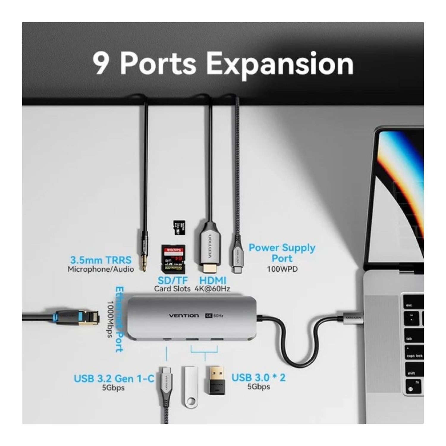 Docking USB Tipo-C Vention TQMHB/ 1xHDMI 4K/ 2xUSB/ 1xUSB Tipo-C/ 1xJack 3.5mm / 1xRJ45/ 1xUSB Tipo-C PD/ 1xLector Tarjetas/ Gris