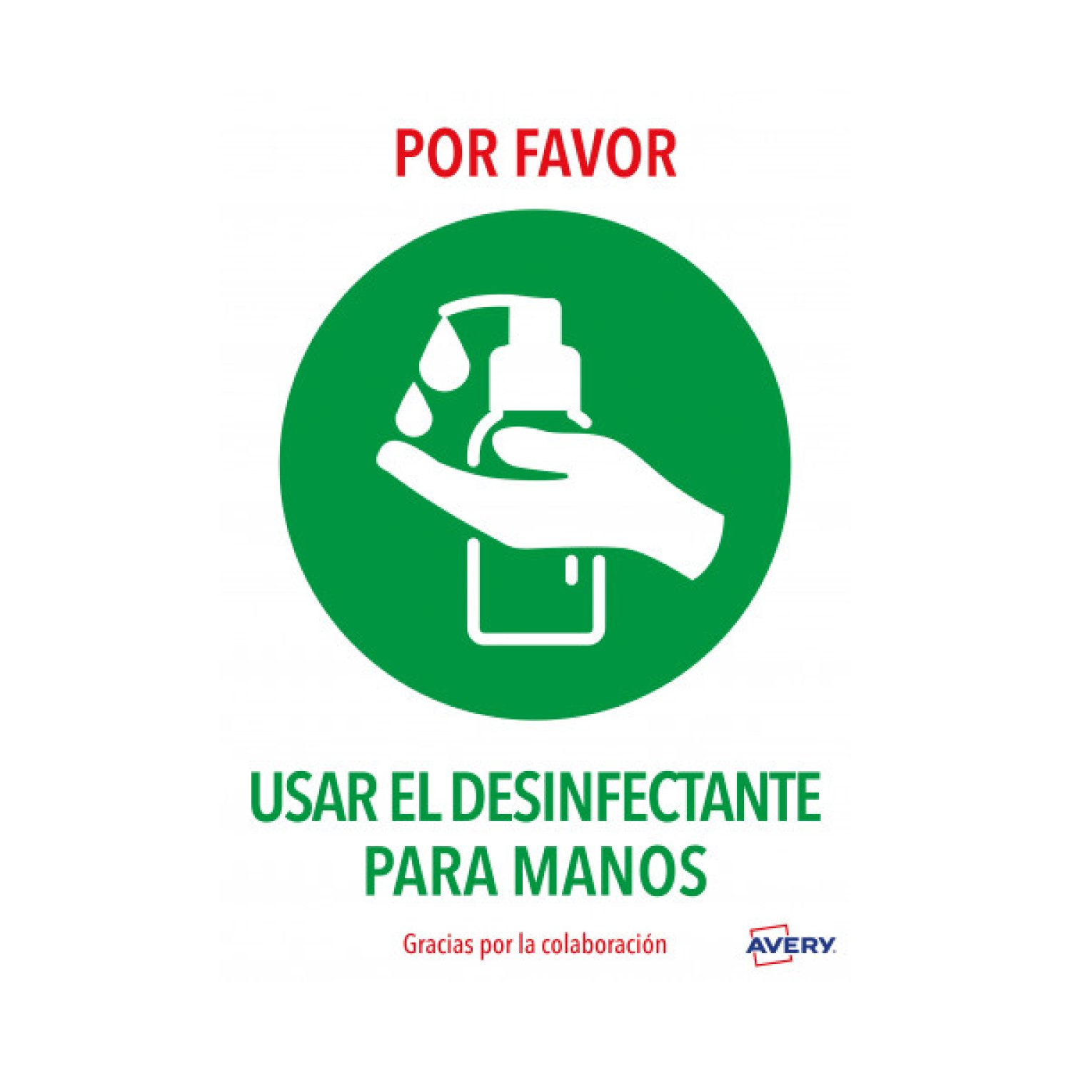 Avery · Pegatinas Adhesivas · "Usar Desinfectante para Manos" · 2 Hojas A4