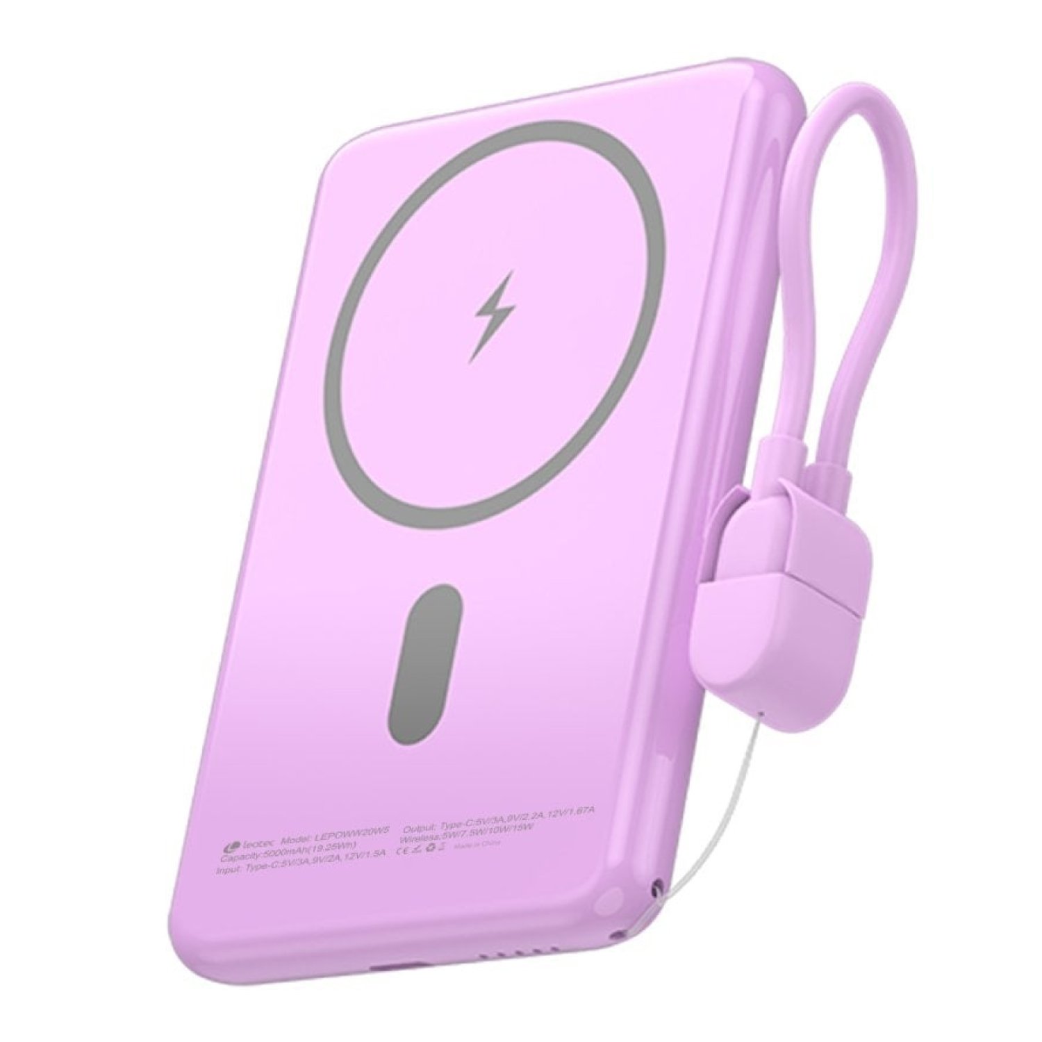 Powerbank 5000mAh Leotec LEPOWW20W5P/ 20W/ Wireless/ Púrpura/ Incluye Cable USB Tipo-C