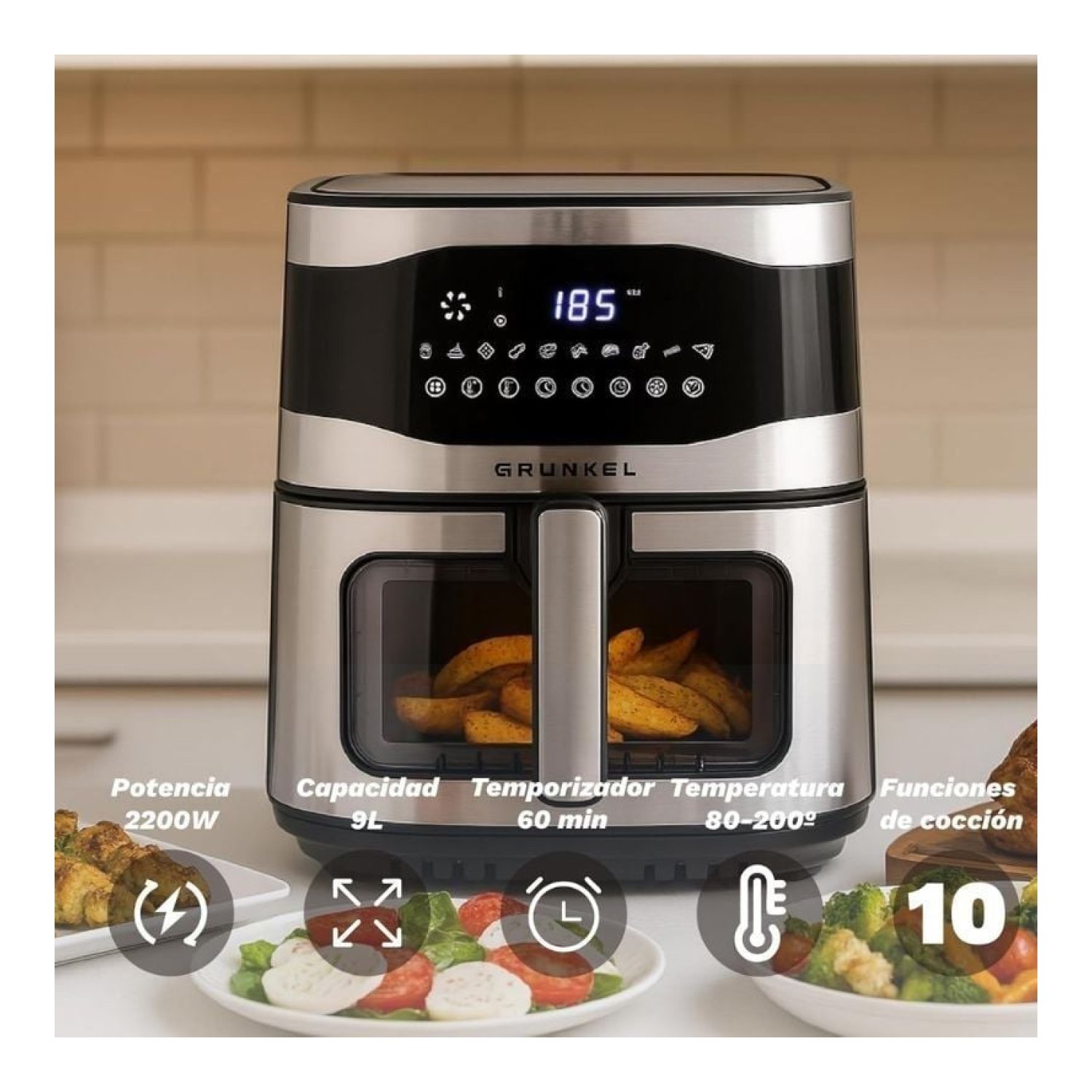 Grunkel Maxisteelfryer · Freidora de Aire · 9L · 2200W · Sin Aceite