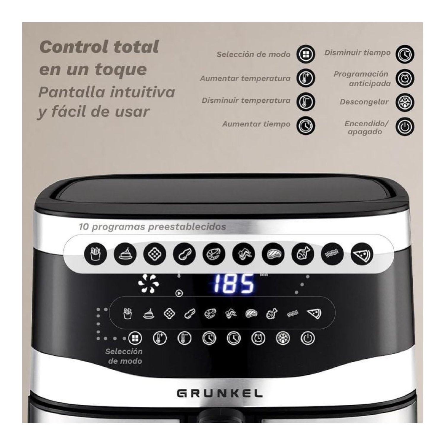 Grunkel Maxisteelfryer · Freidora de Aire · 9L · 2200W · Sin Aceite