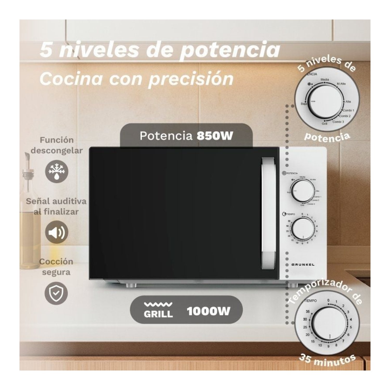 Grunkel Microondas · 25L · 850W · Función Grill · Blanco