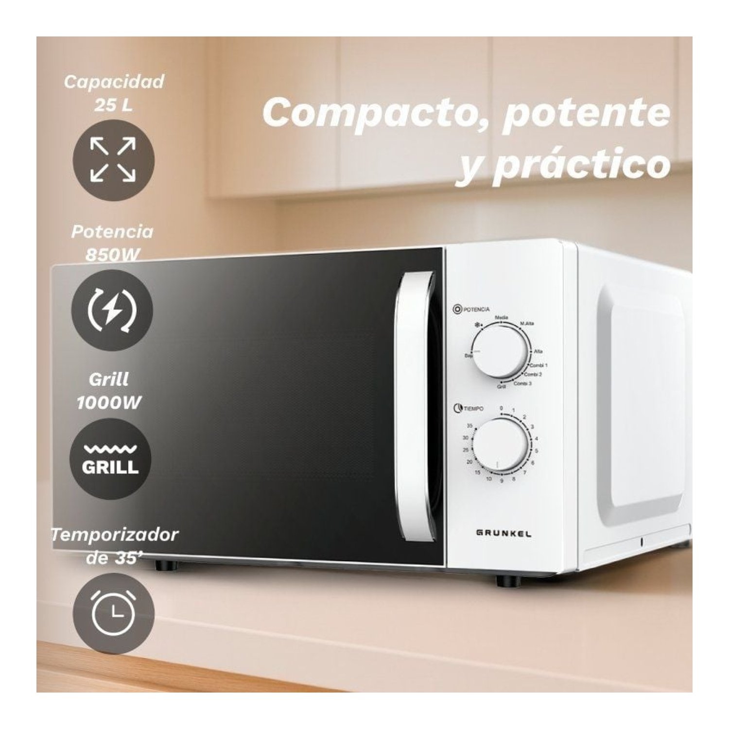 Grunkel Microondas · 25L · 850W · Función Grill · Blanco