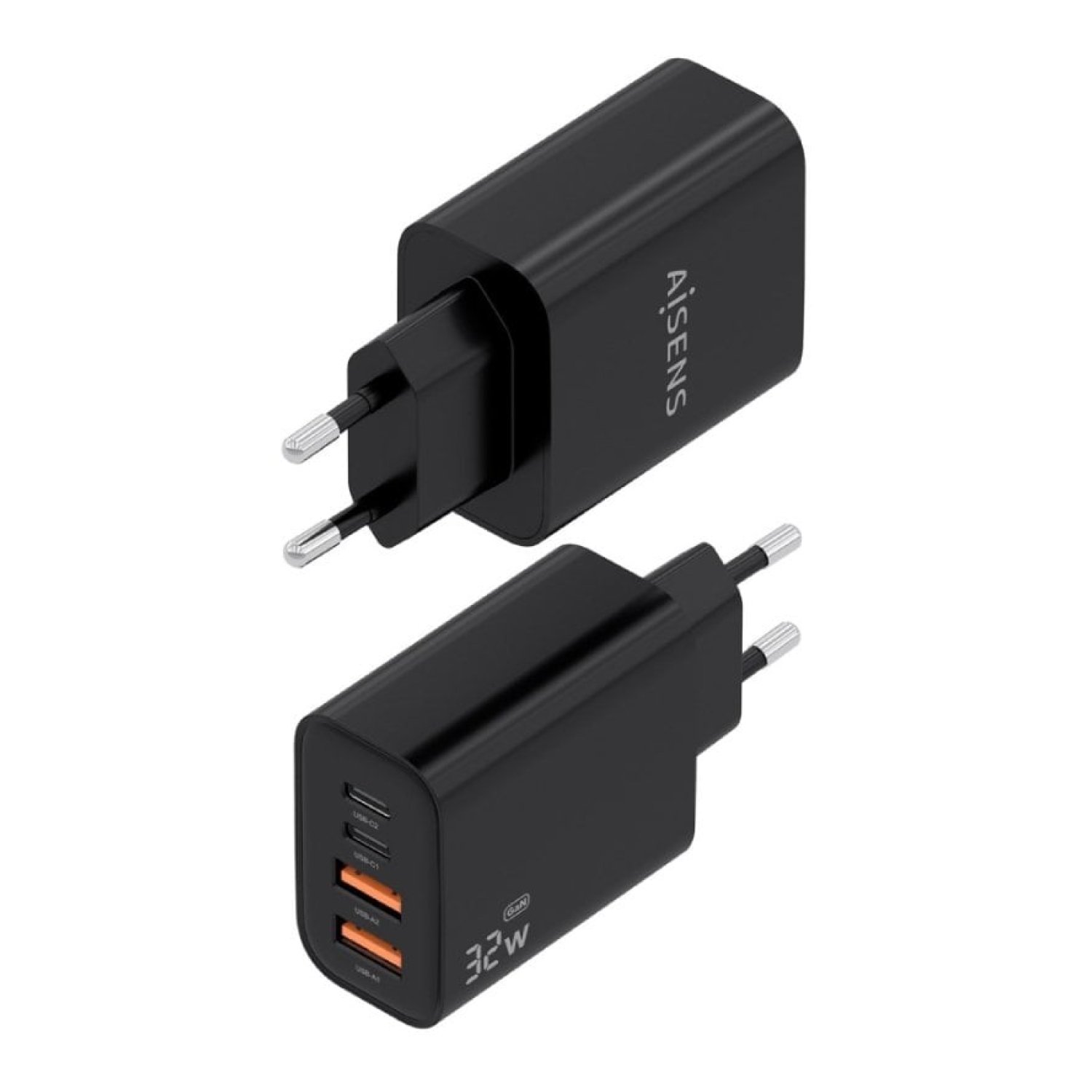 Cargador de Pared GaN Aisens A110-1028/ 2xUSB Tipo-C/ 2xUSB/ 32W/ Negro