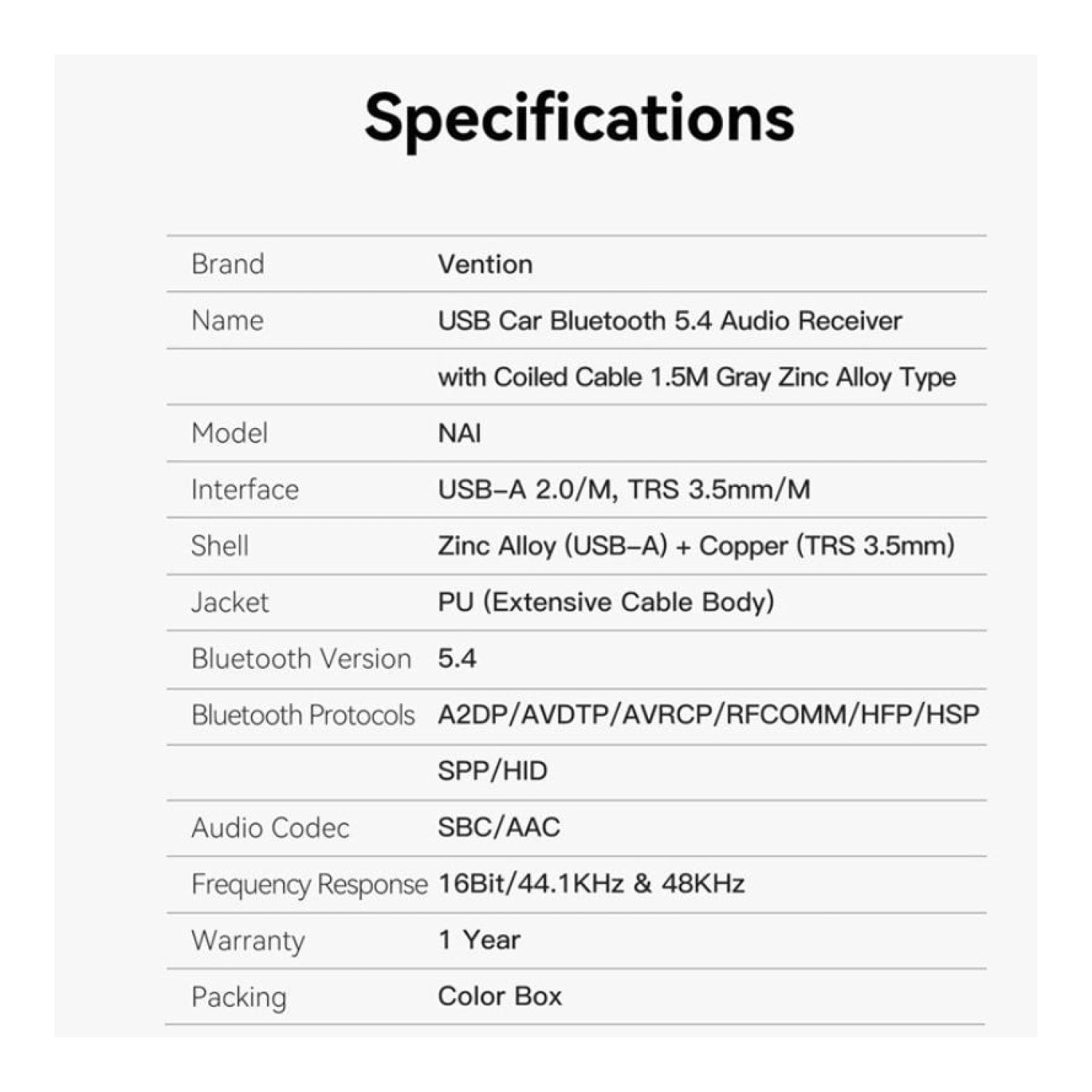 Vention · Receptor FM/MP3/Bluetooth · Coche · Entrada Aux · Manos Libres