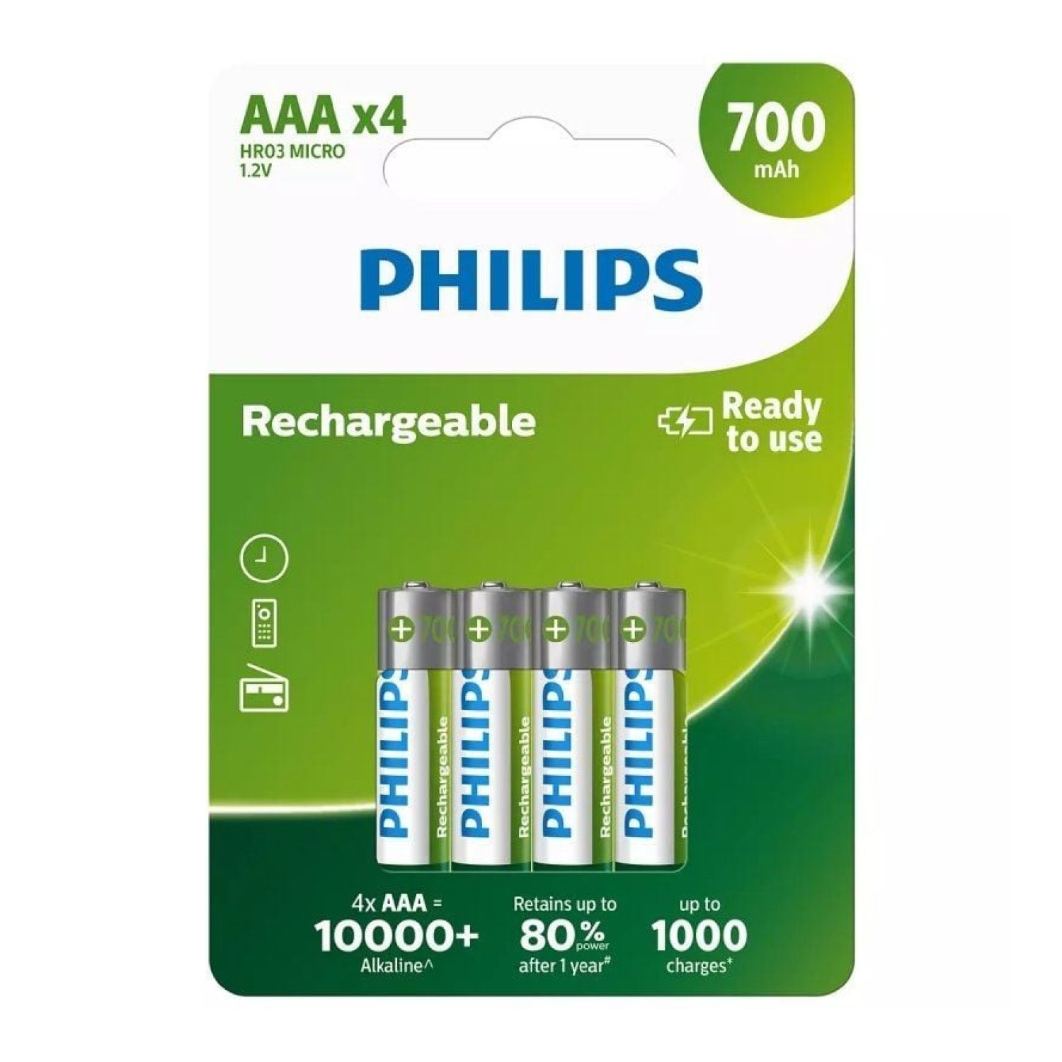 Philips · Pack 4 Pilas AAA Recargables · 1,2V · Batería de larga duración