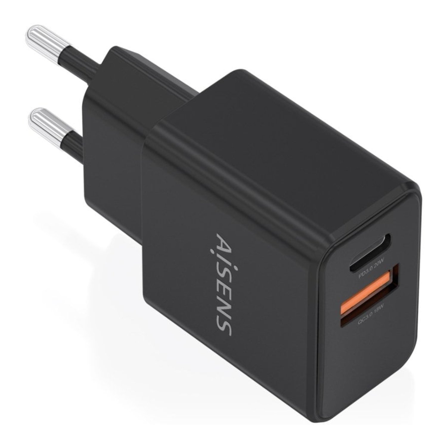 Cargador de Pared GaN Aisens A110-1026/ 1xUSB Tipo-C/ 1xUSB/ 20W/ Negro