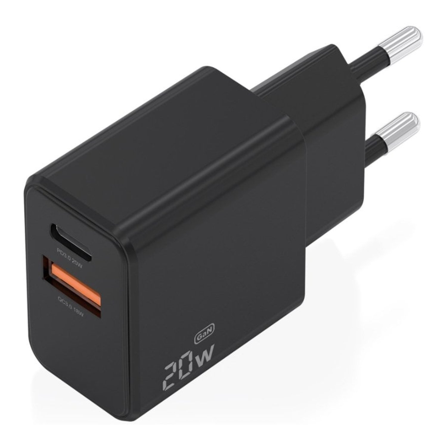 Cargador de Pared GaN Aisens A110-1026/ 1xUSB Tipo-C/ 1xUSB/ 20W/ Negro