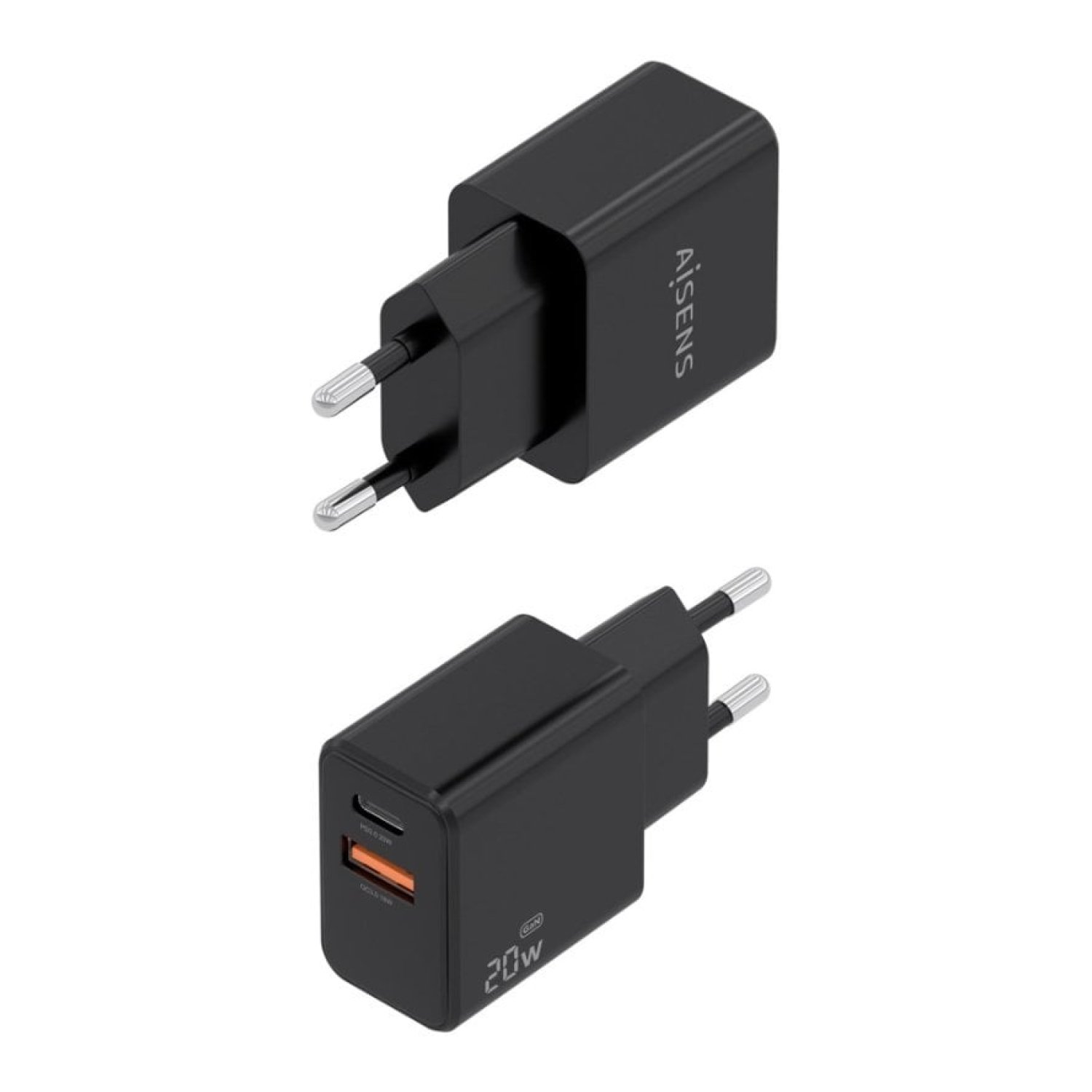Cargador de Pared GaN Aisens A110-1026/ 1xUSB Tipo-C/ 1xUSB/ 20W/ Negro
