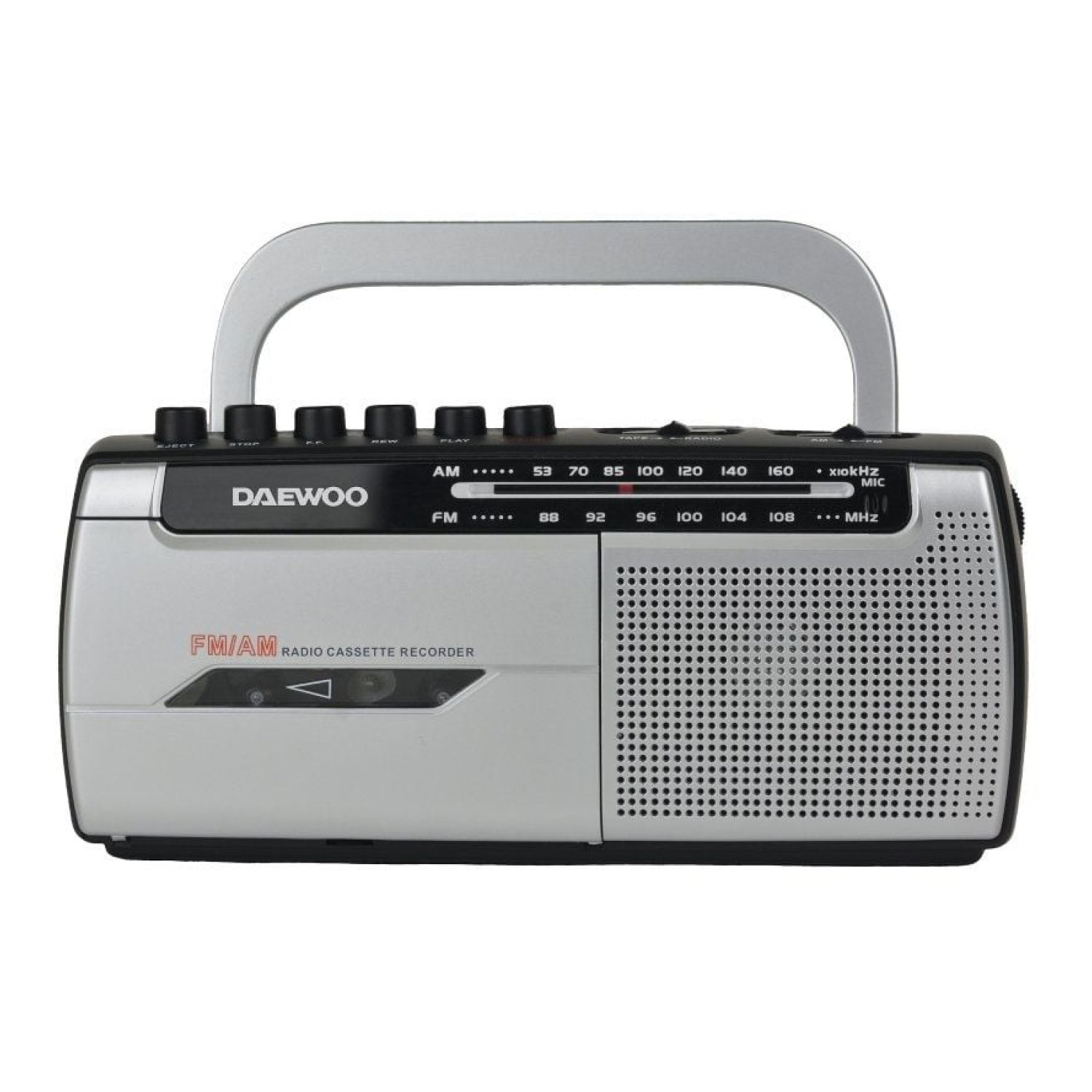 Daewoo DW1107 · Radio Cassette Portátil · Con Cable · A Pilas · Negra y Plateada
