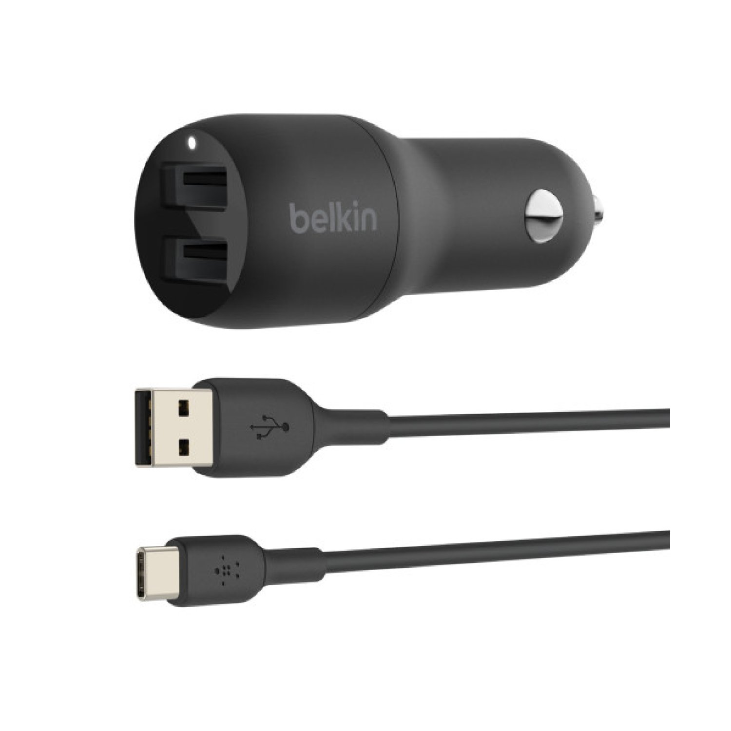 BOOST CHARGE 24W USB-A DUAL CAR CHARGER W/ 1M PVC A-C, BLACK