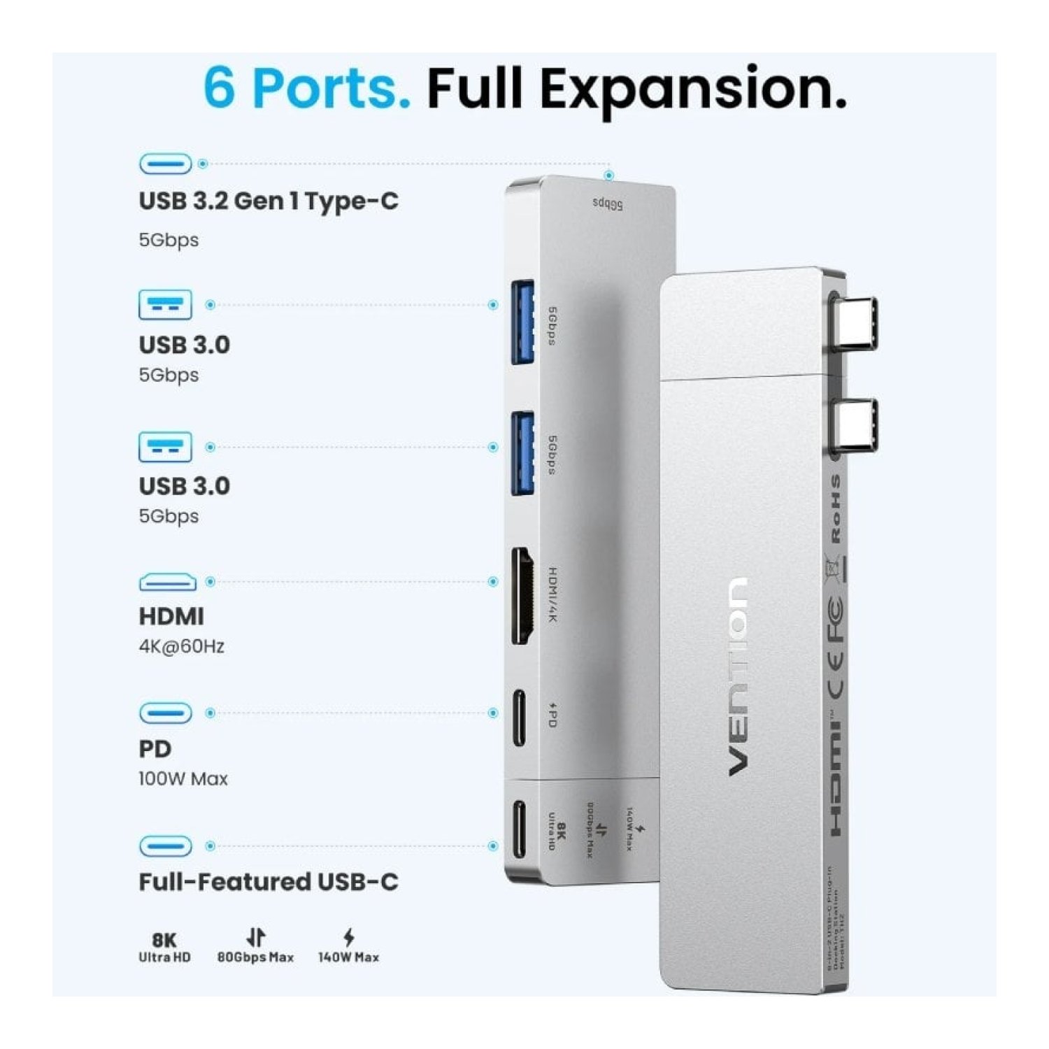 Docking USB Tipo-C Vention TPSHB/ 1xHDMI 4K/ 2xUSB/ 2xUSB Tipo-C/ 1xThunderBolt/ 1xUSB Tipo-C PD/ Gris