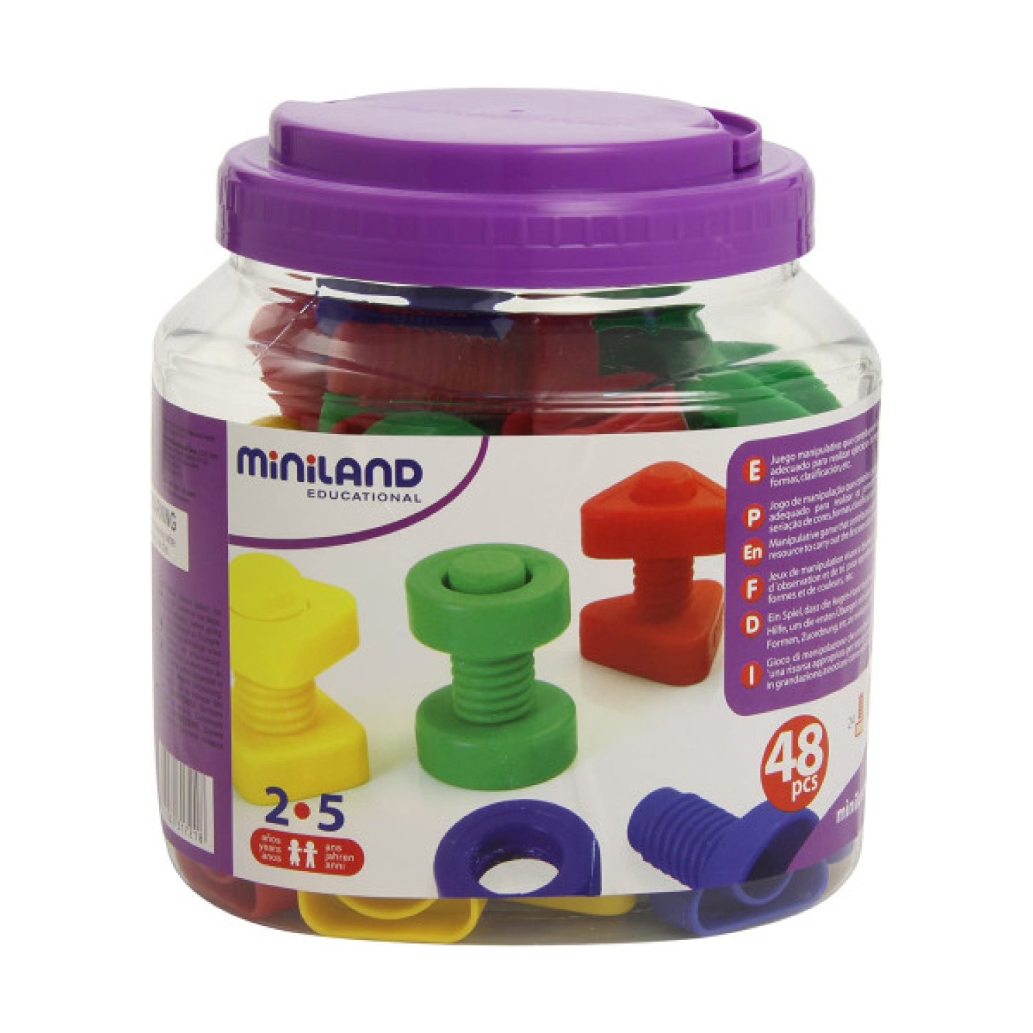 Miniland · Juego de Tornillos y Tuercas de Plástico · 48 Piezas
