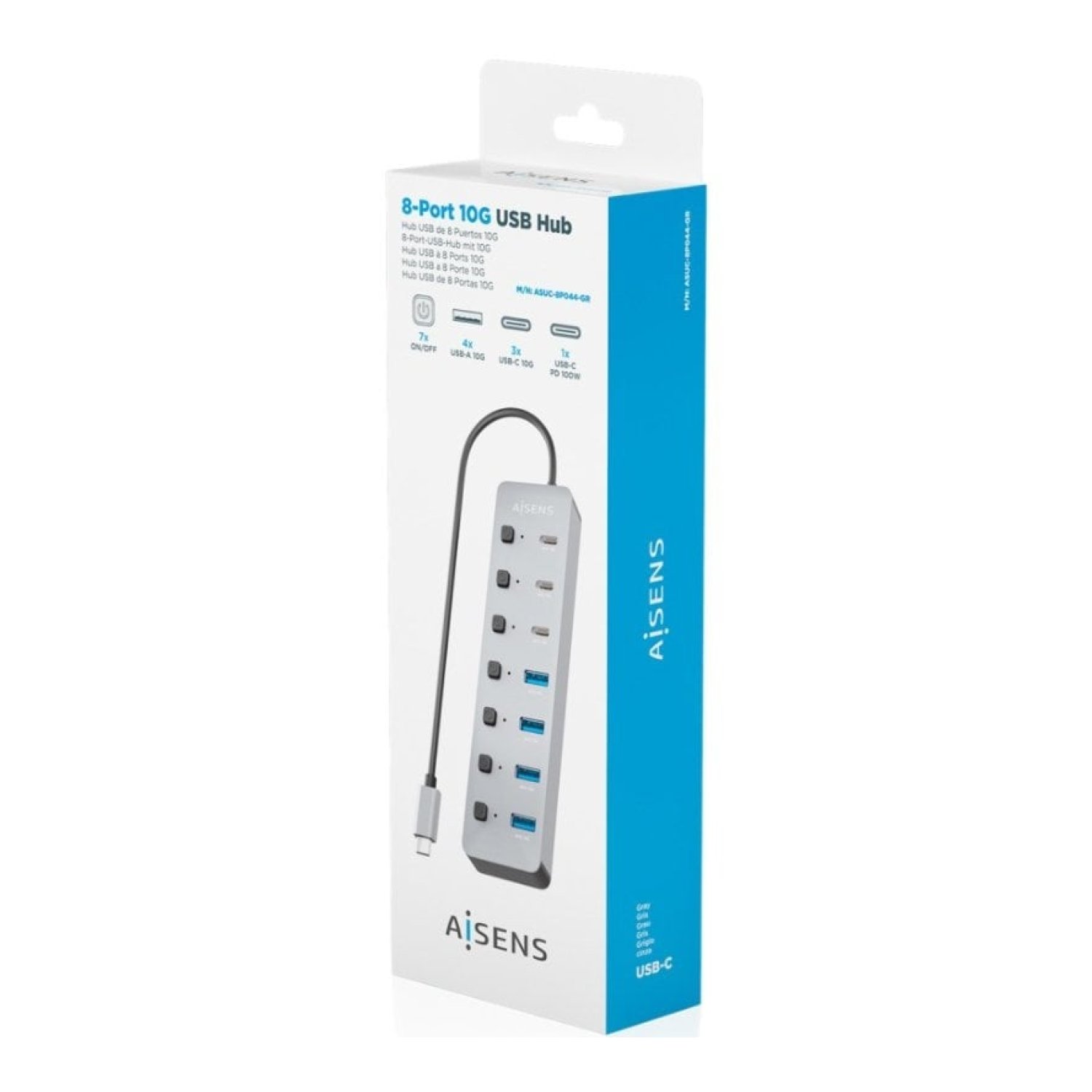 Hub USB Tipo-C 3.2 Aisens ASUC-8P044-GR/ 4xUSB/ 3xUSB Tipo-C/ 1xUSB Tipo-C PD/ Gris