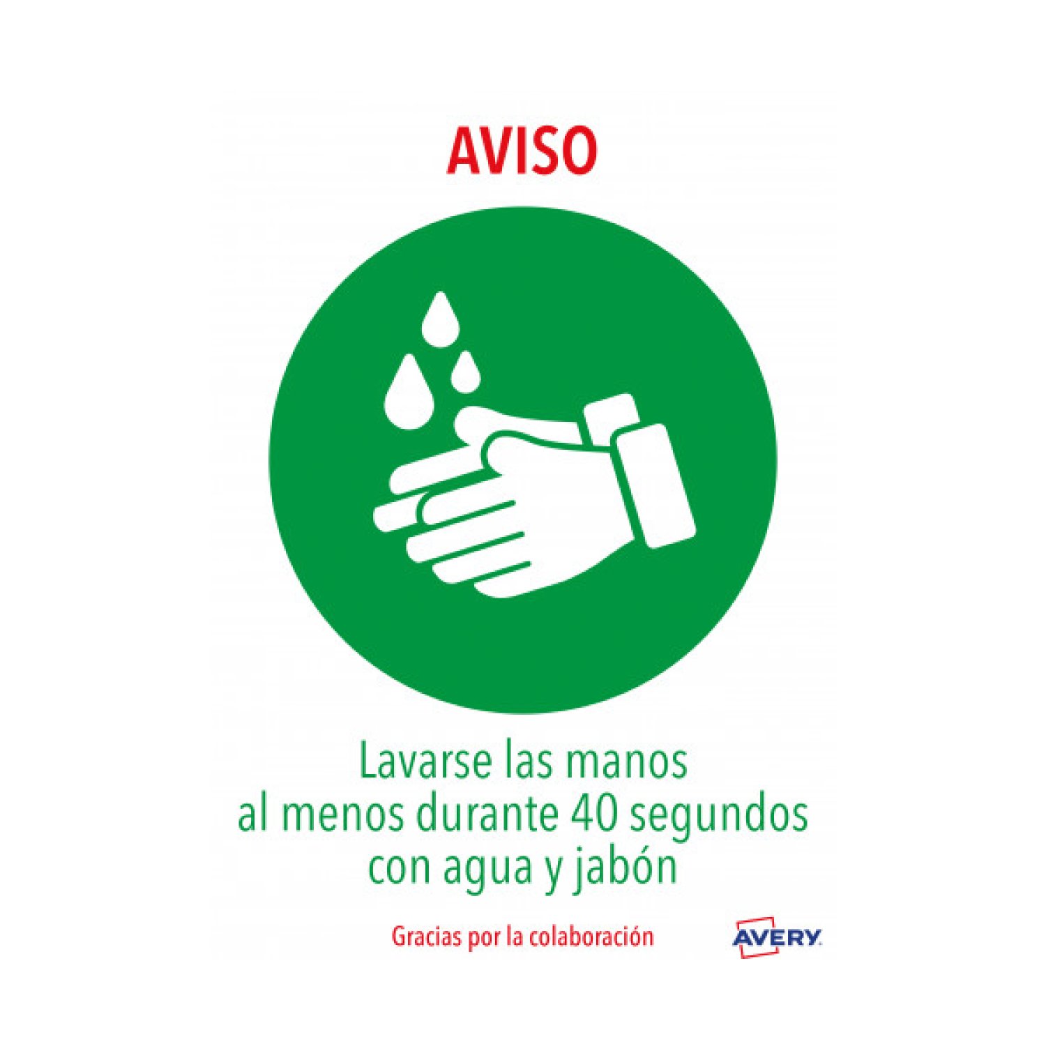 Avery · Señales Adhesivas Preimpresas · Lavarse las Manos · 2 Hojas A4