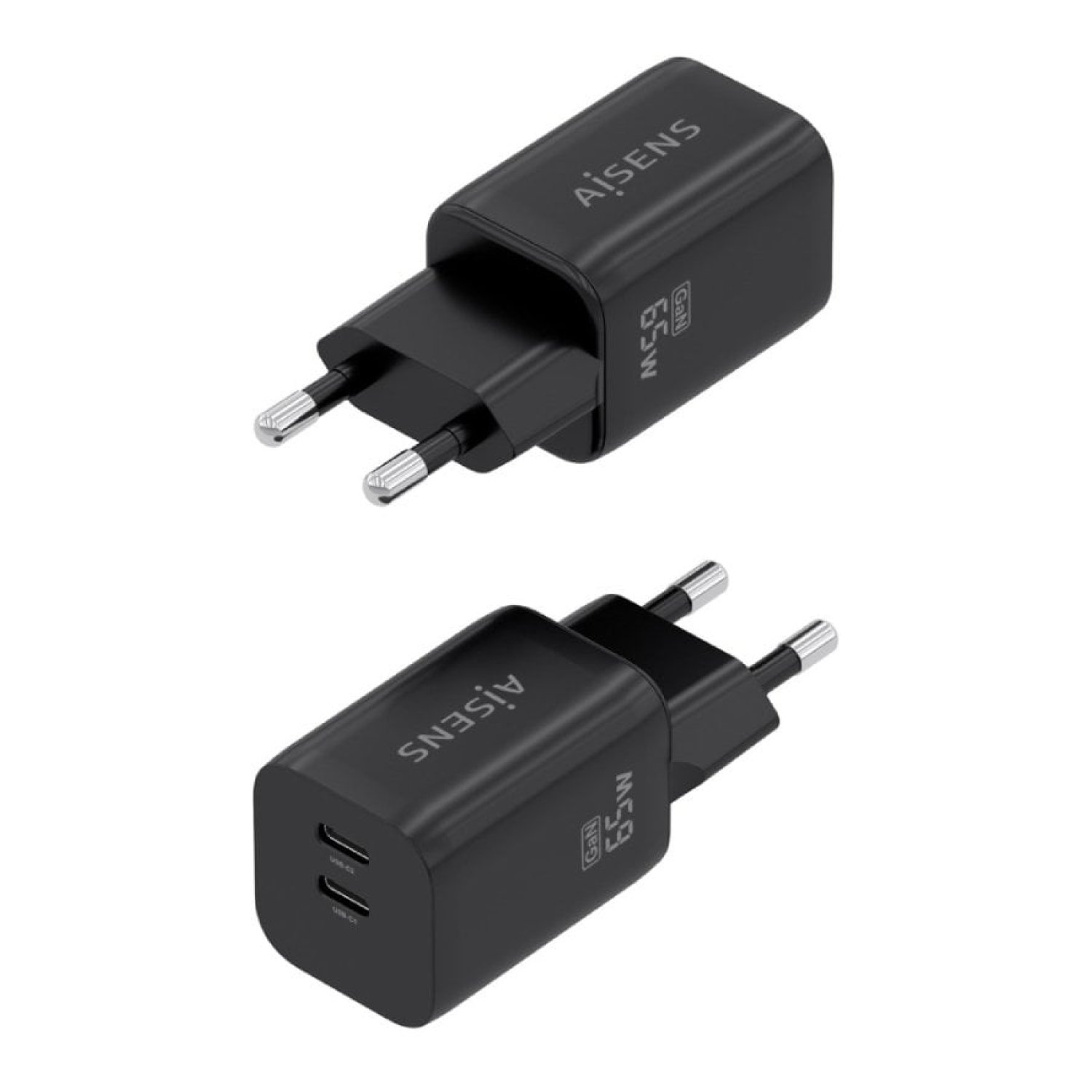 Cargador de Pared GaN Aisens A110-1030/ 2xUSB Tipo-C/ 65W/ Negro