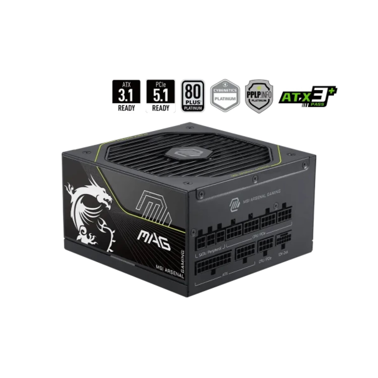 FUENTE ALIMENTACION MSI MAG A1000PLS PCIE5,PSU,1000W,80 PLUS PLATINUM,MODULAR,135MM,ACTIVE PFC,1XPCI-E 5 (12+4 PIN),4XPCI-E (6+2 PIN),8XSATA (15 PIN)