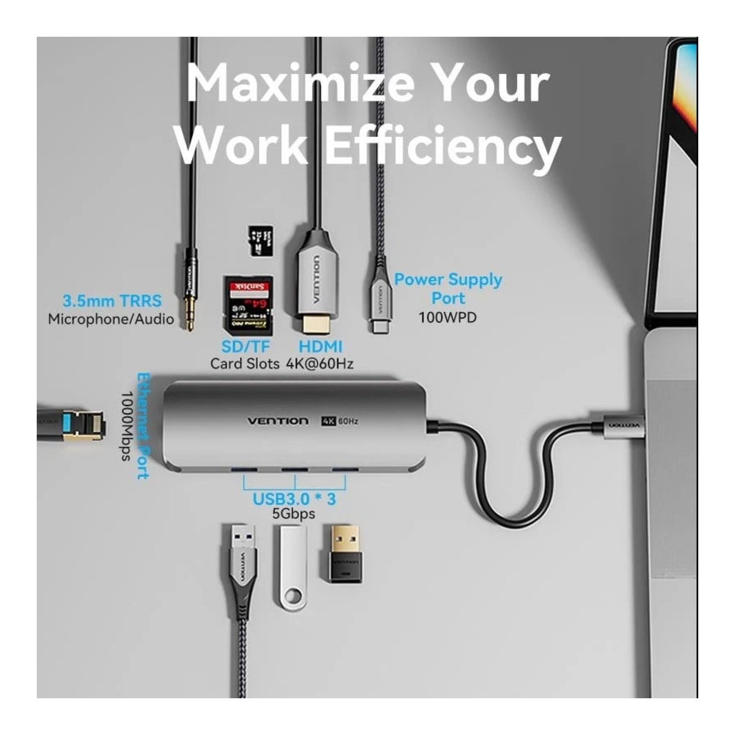 Docking USB Tipo-C Vention TQLHB/ 1xHDMI 4K/ 3xUSB/ 1xUSB Tipo-C PD/ 1xRJ45/ 1xJack 3.5mm/ 1xLector de Tarjetas/ Gris