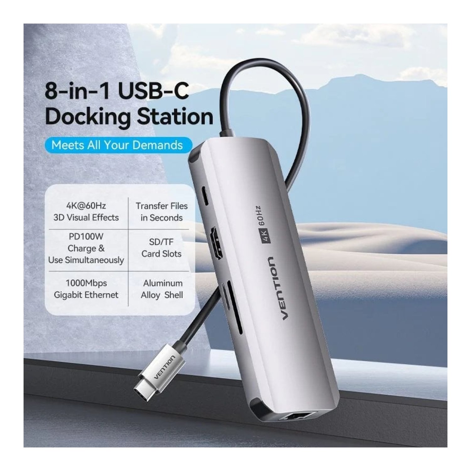 Docking USB Tipo-C Vention TQKHB/ 1xHDMI 4K/ 3xUSB/ 1xUSB Tipo-C PD/ 1xRJ45/ 1xLector de Tarjetas/ Gris