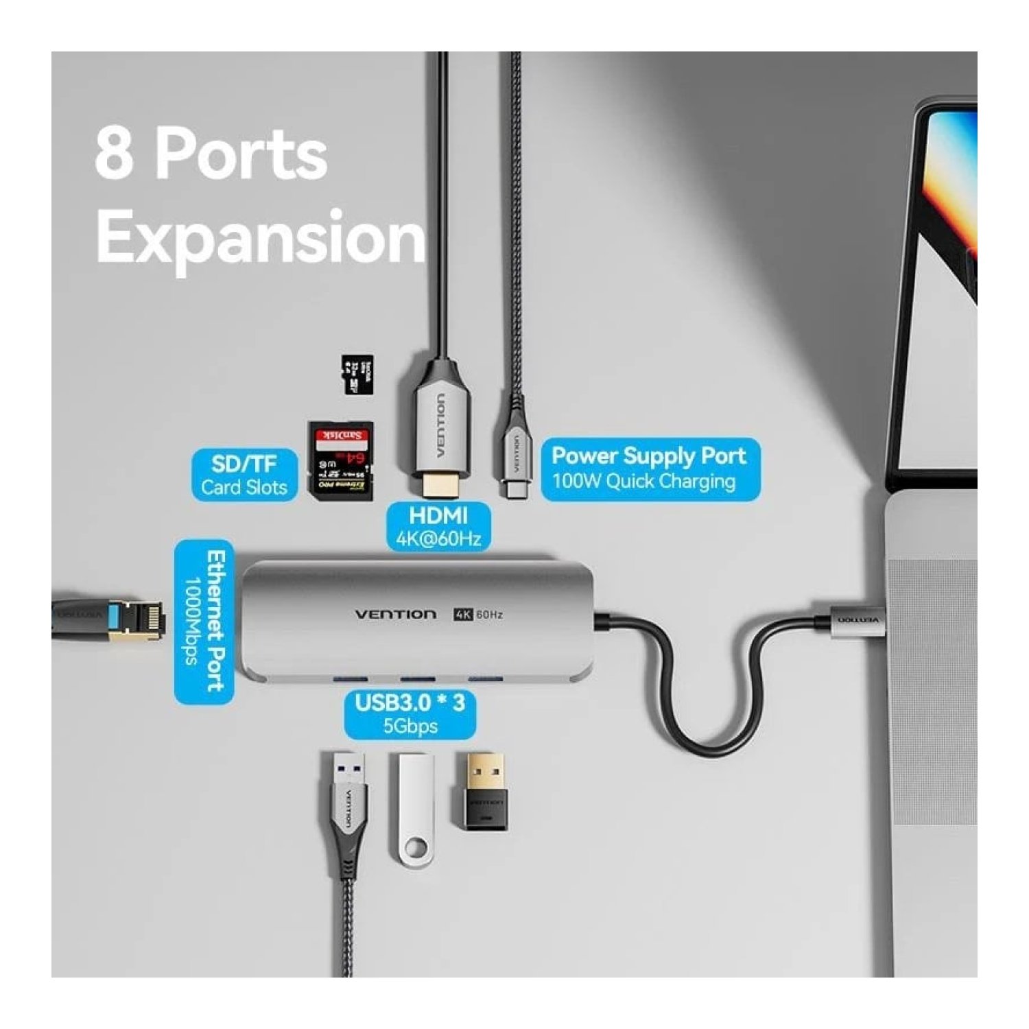 Docking USB Tipo-C Vention TQKHB/ 1xHDMI 4K/ 3xUSB/ 1xUSB Tipo-C PD/ 1xRJ45/ 1xLector de Tarjetas/ Gris