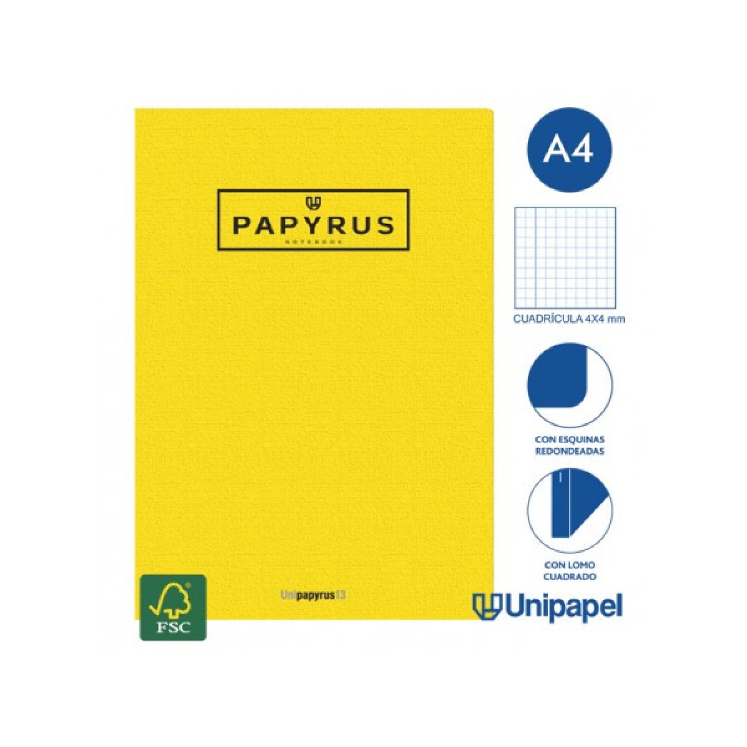 Papyrus · Libreta Grapada A4 · 48 Hojas 90gr · 4x4 Cuadriculado · Colores Surtidos