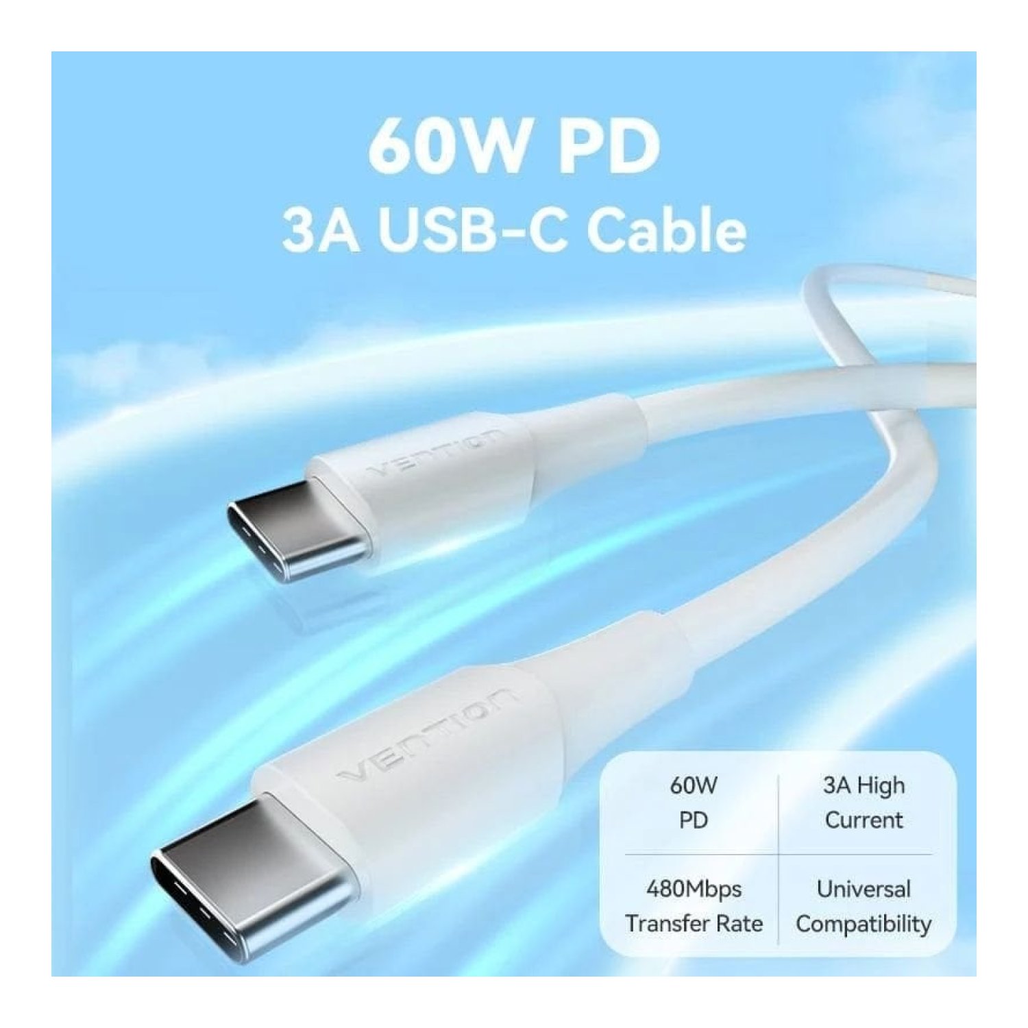 Cable USB 2.0 Tipo-C 3A Vention TAXWD/ USB Tipo-C Macho - USB Tipo-C Macho/ Hasta 60W/ 480Mbps/ 50cm/ Blanco