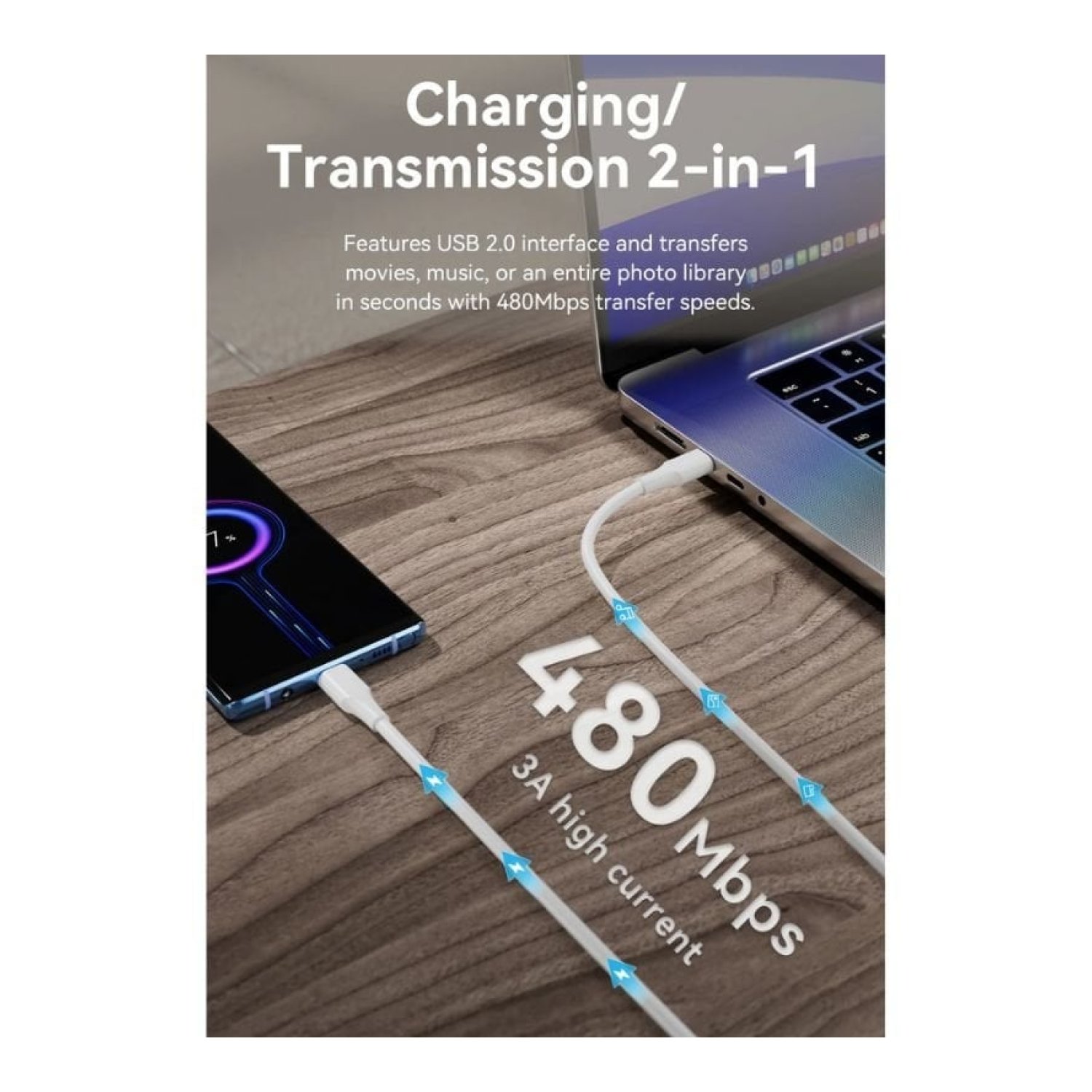 Cable USB 2.0 Tipo-C 3A Vention TAXWD/ USB Tipo-C Macho - USB Tipo-C Macho/ Hasta 60W/ 480Mbps/ 50cm/ Blanco