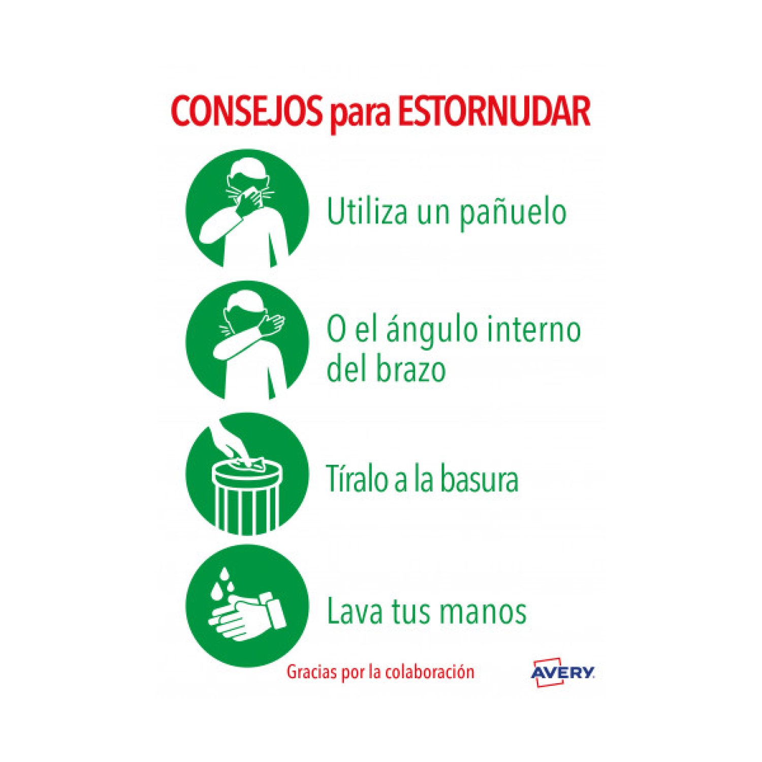 Avery · Señales Adhesivas Preimpresas · Consejo para Estornudar · 2 Hojas A4
