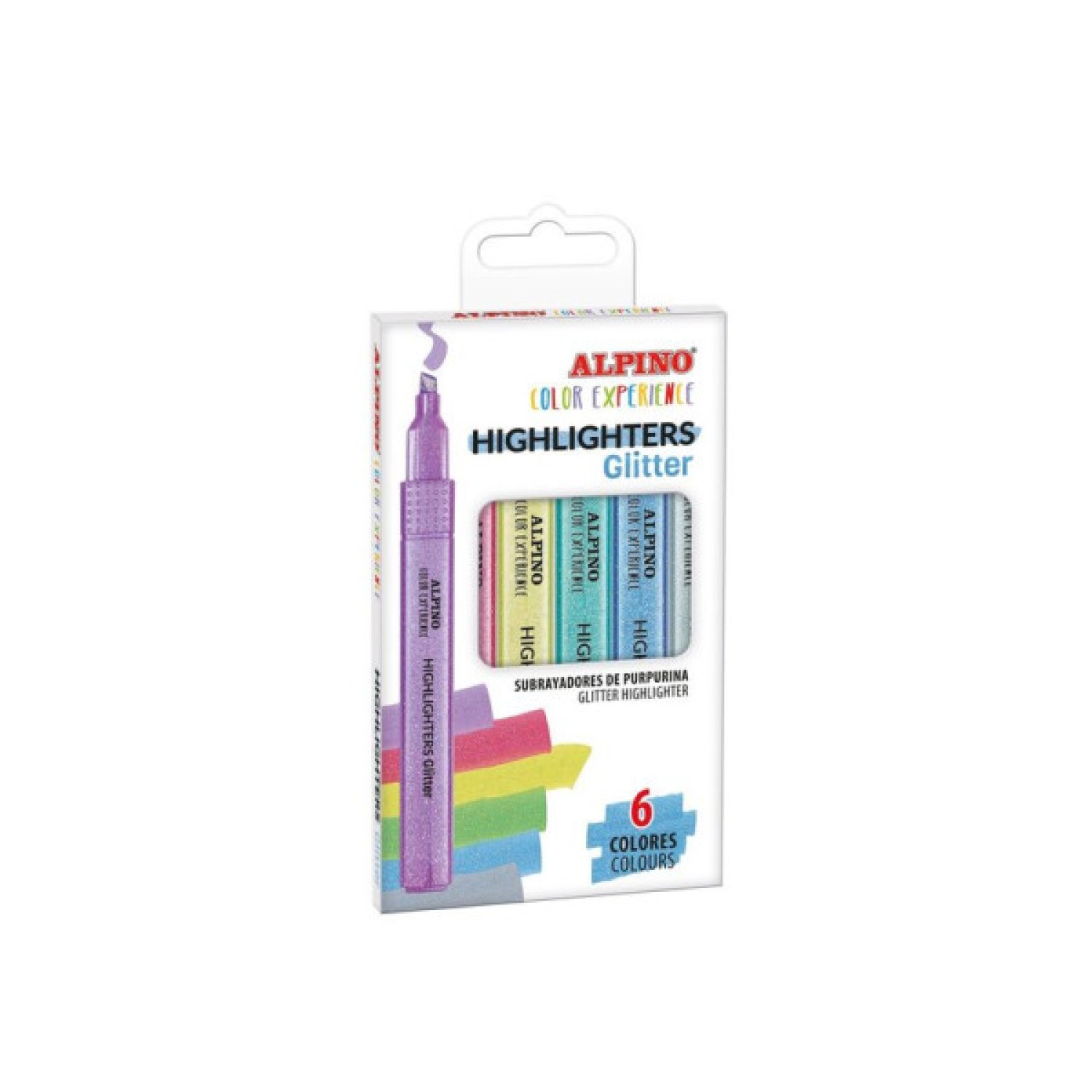 Alpino Color Experience · Estuche 6 Subrayadores Glitter · Colores Brillantes