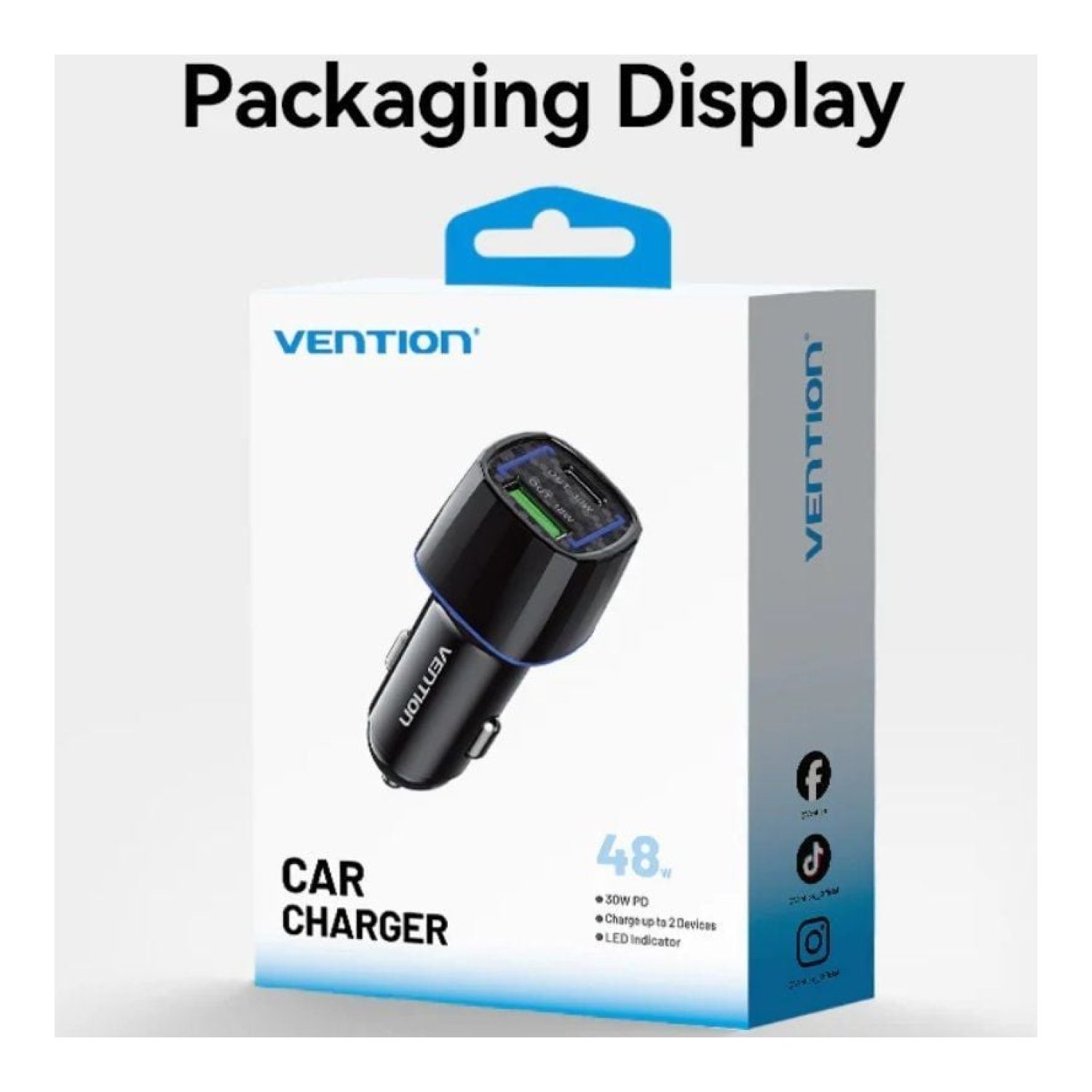 Vention Cargador de Coche · 48W · 1x USB-C · 1x USB
