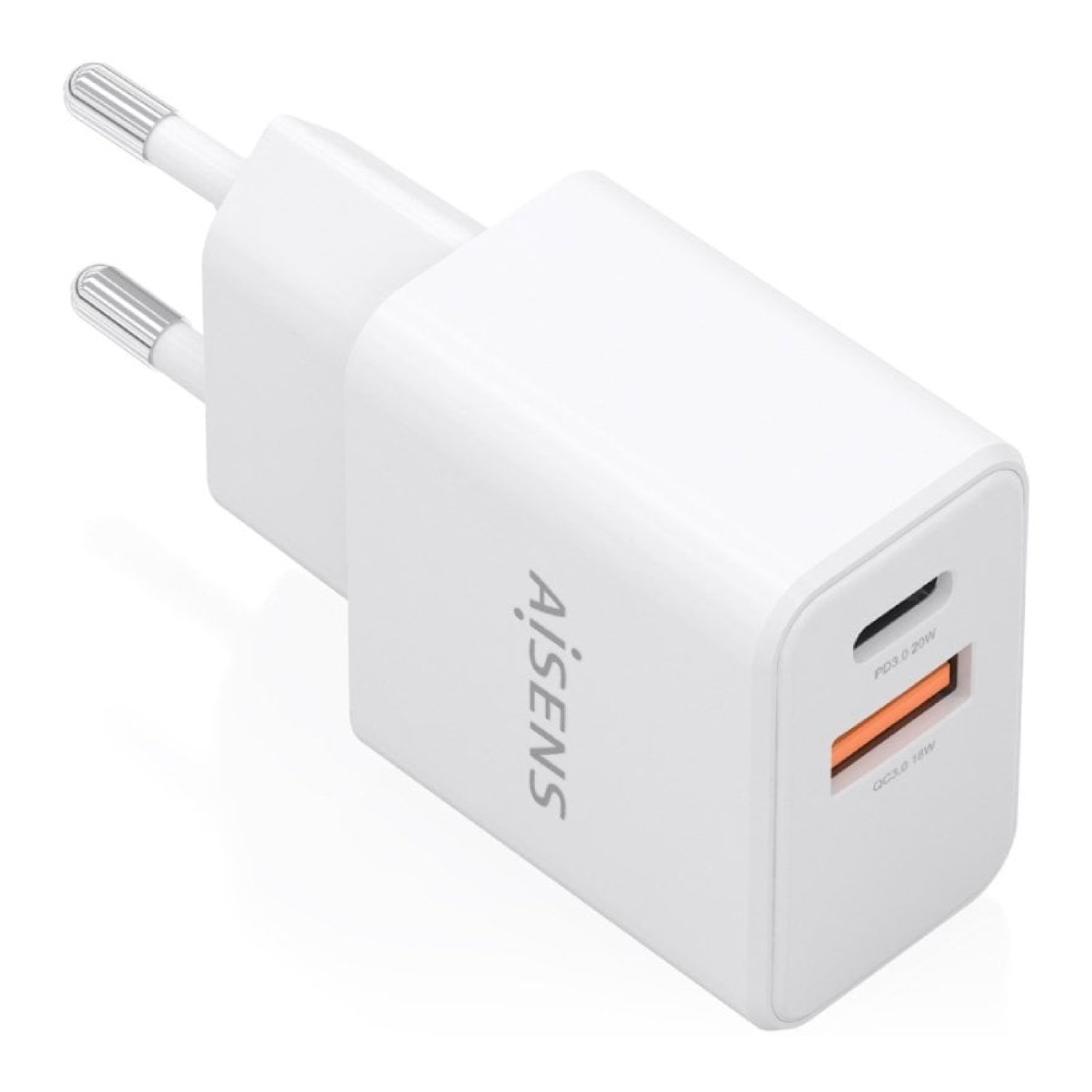 Cargador de Pared GaN Aisens A110-1025/ 1xUSB Tipo-C/ 1xUSB/ 20W/ Blanco