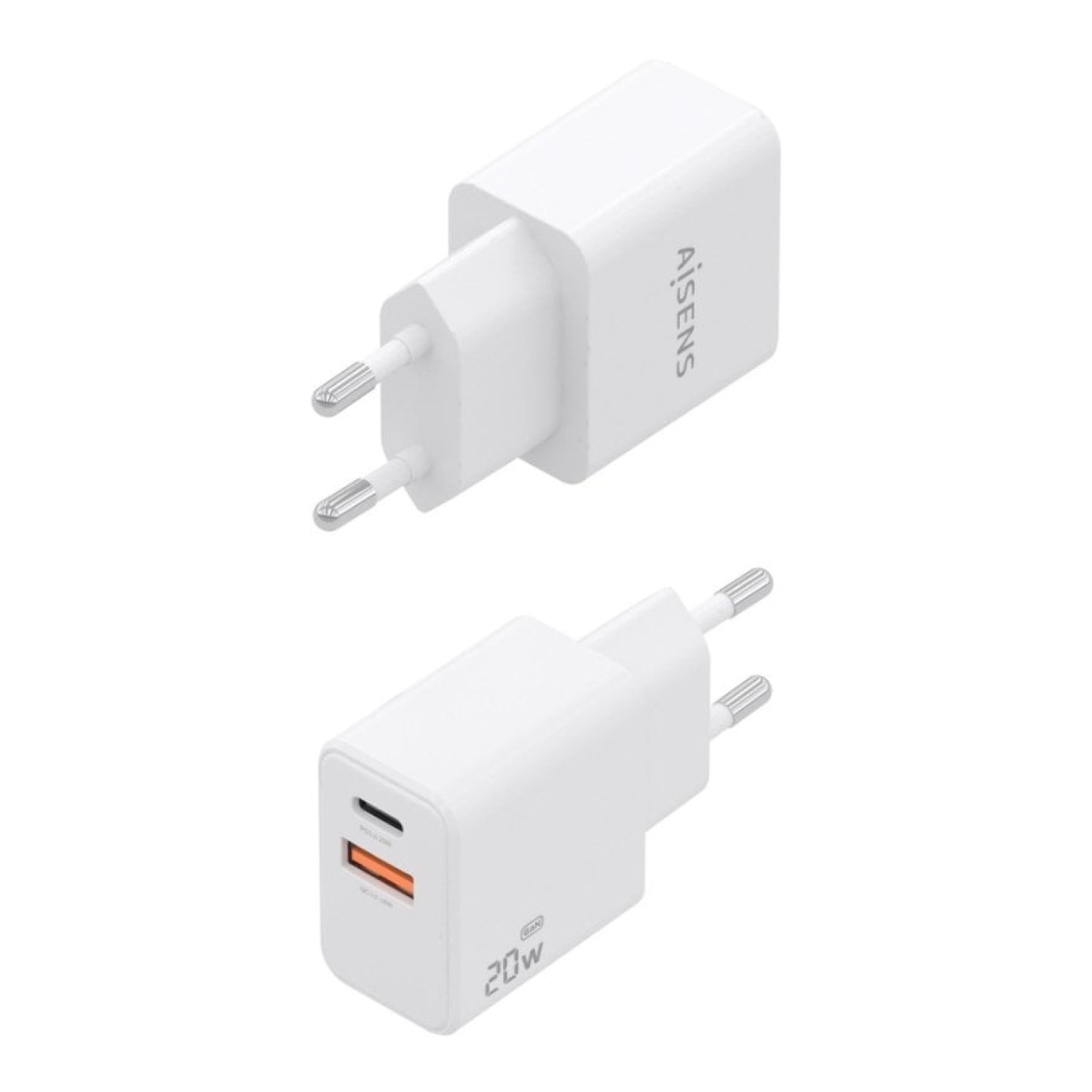 Cargador de Pared GaN Aisens A110-1025/ 1xUSB Tipo-C/ 1xUSB/ 20W/ Blanco