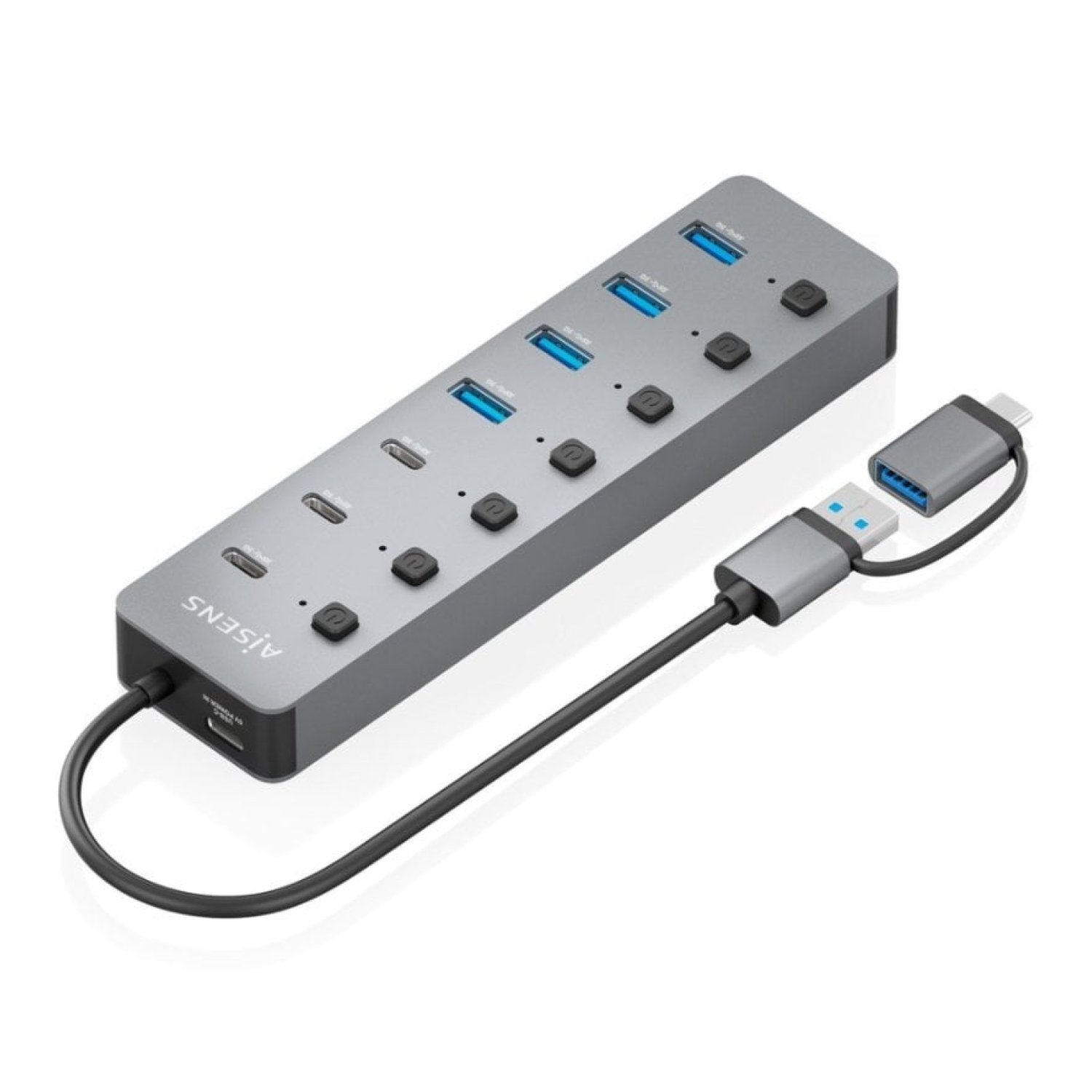 Hub USB Tipo-C + USB 3.1 Aisens ASUC-8P043-GR/ 4xUSB/ 3xUSB Tipo-C/ 1xUSB Tipo-C PD/ Gris