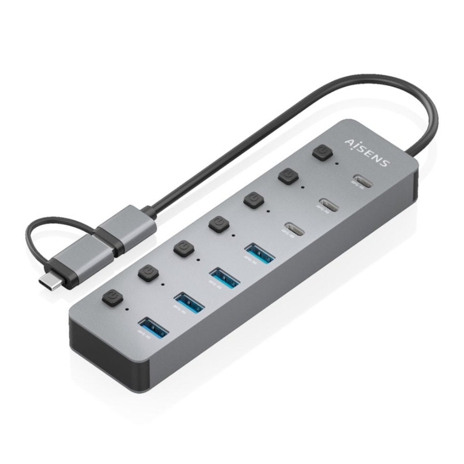 Hub USB Tipo-C + USB 3.1 Aisens ASUC-8P043-GR/ 4xUSB/ 3xUSB Tipo-C/ 1xUSB Tipo-C PD/ Gris