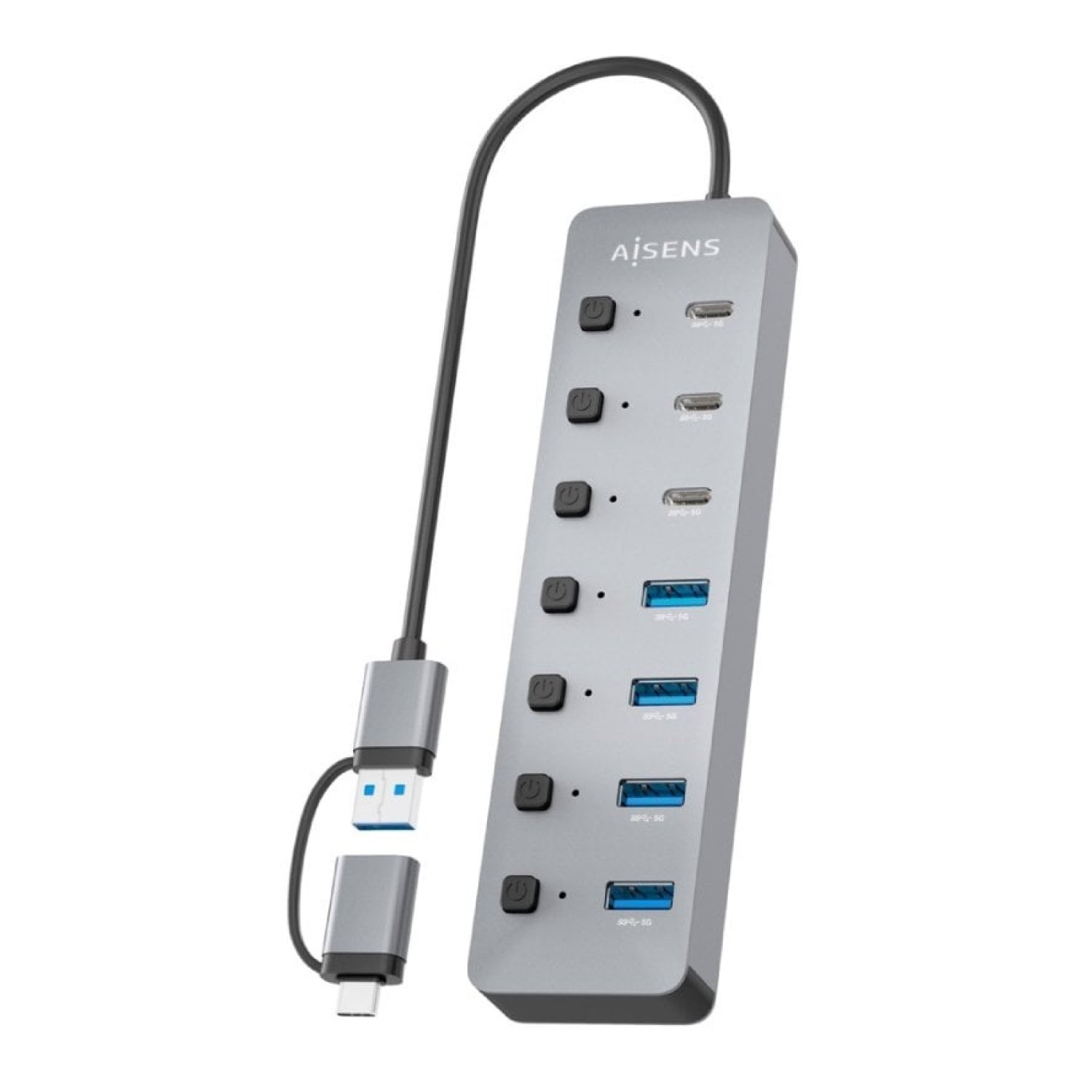 Hub USB Tipo-C + USB 3.1 Aisens ASUC-8P043-GR/ 4xUSB/ 3xUSB Tipo-C/ 1xUSB Tipo-C PD/ Gris