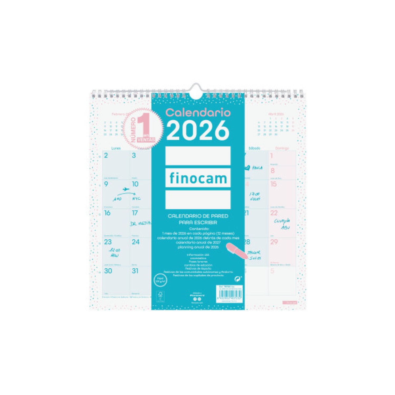 Finocam Calendario 2026 Pared · 300x300mm · Turquesa · Escribir