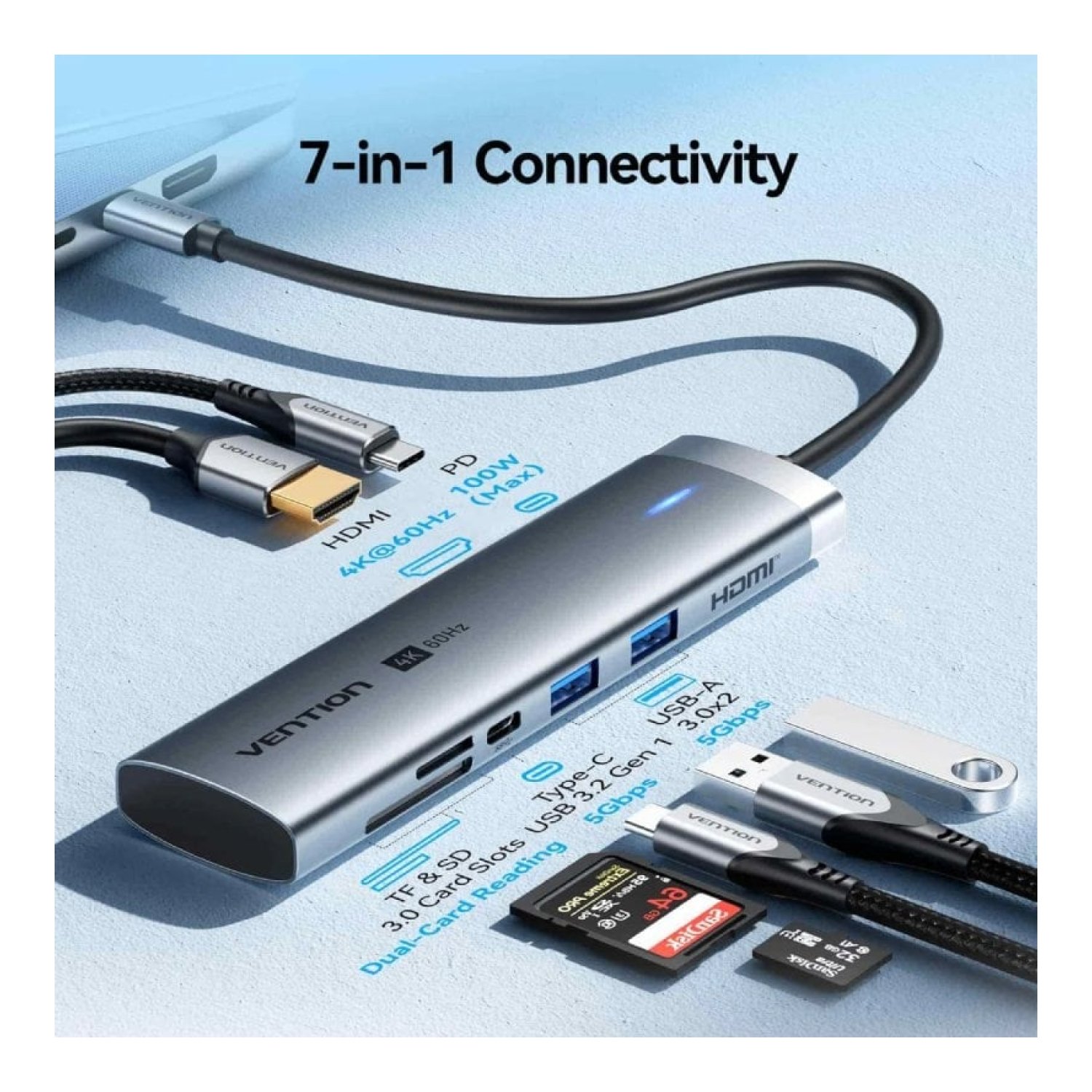 Docking USB Tipo-C Vention TPSHB/ 1xHDMI 4K/ 2xUSB/ 2xUSB Tipo-C/ 1xRJ45/ 1xUSB Tipo-C PD/ 1xLector Tarjetas/ Gris